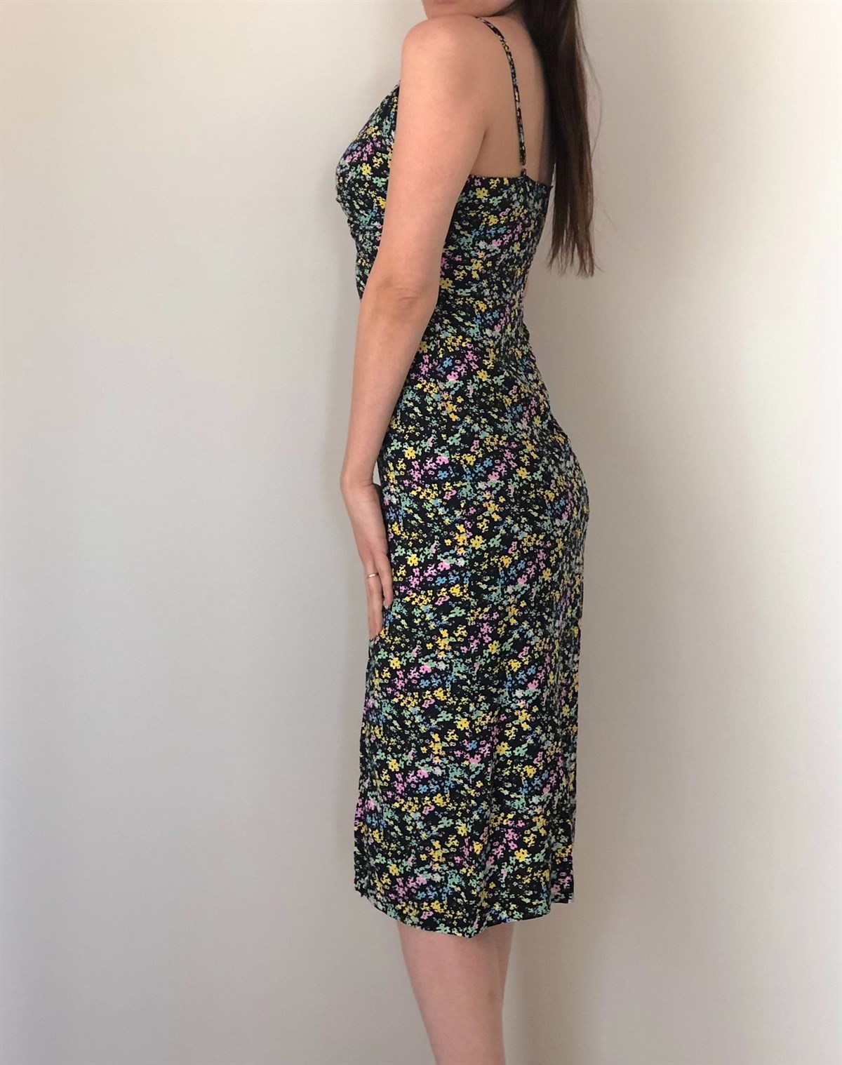 Midi Siyah Çiçekli Elbise