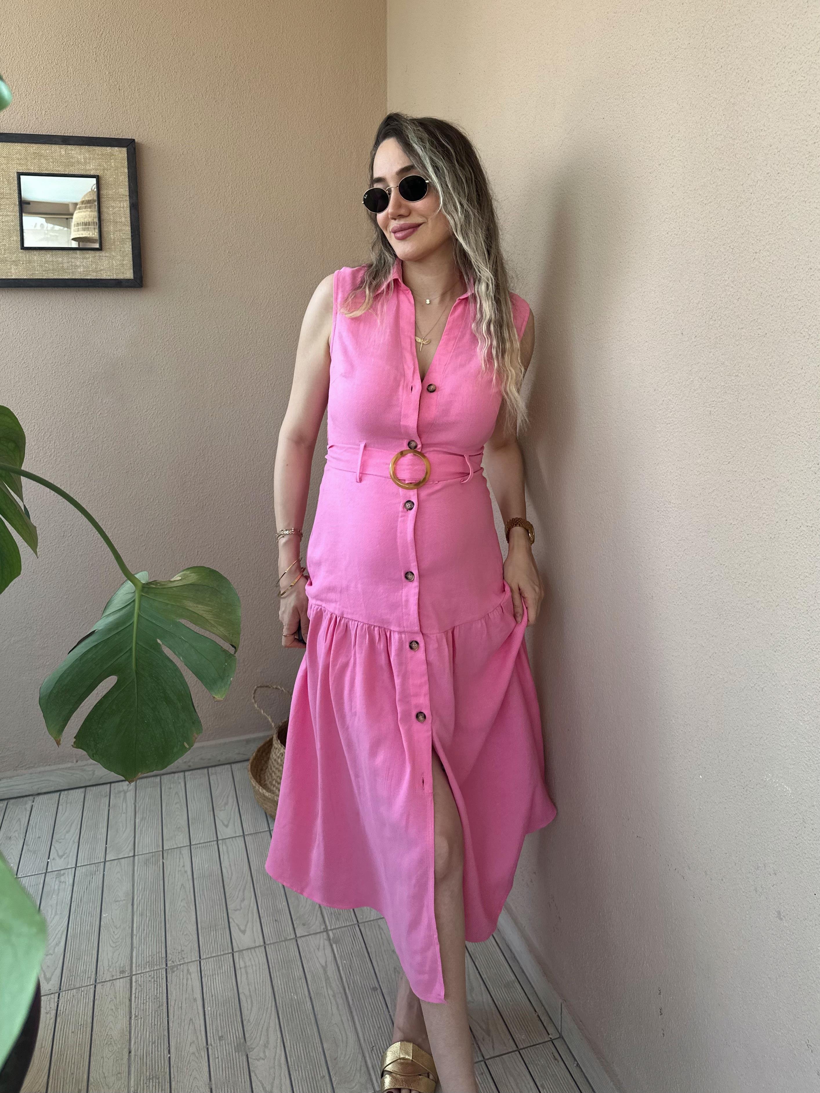 Pembe Düğmeli Cotton Elbise 