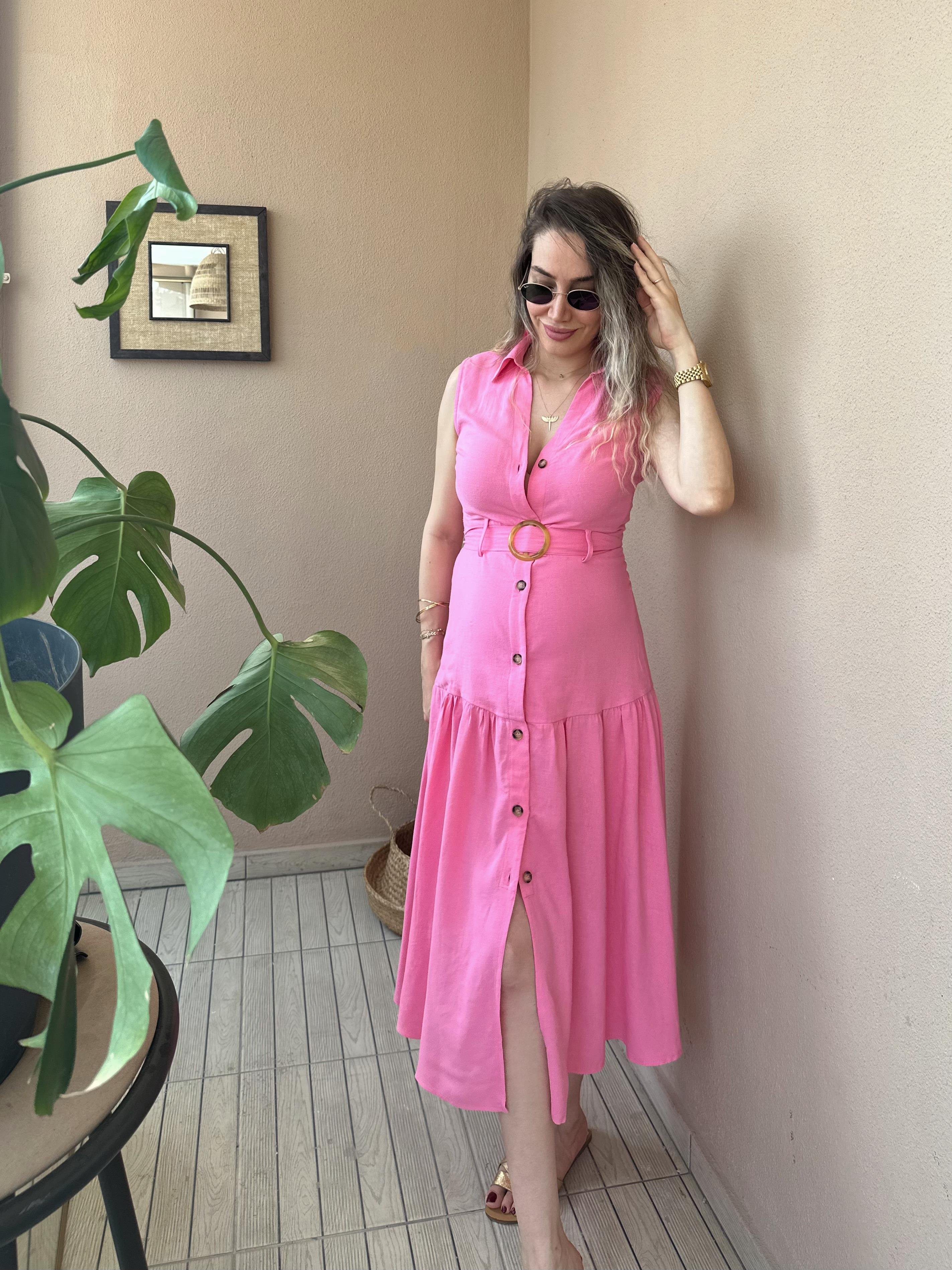 Pembe Düğmeli Cotton Elbise 