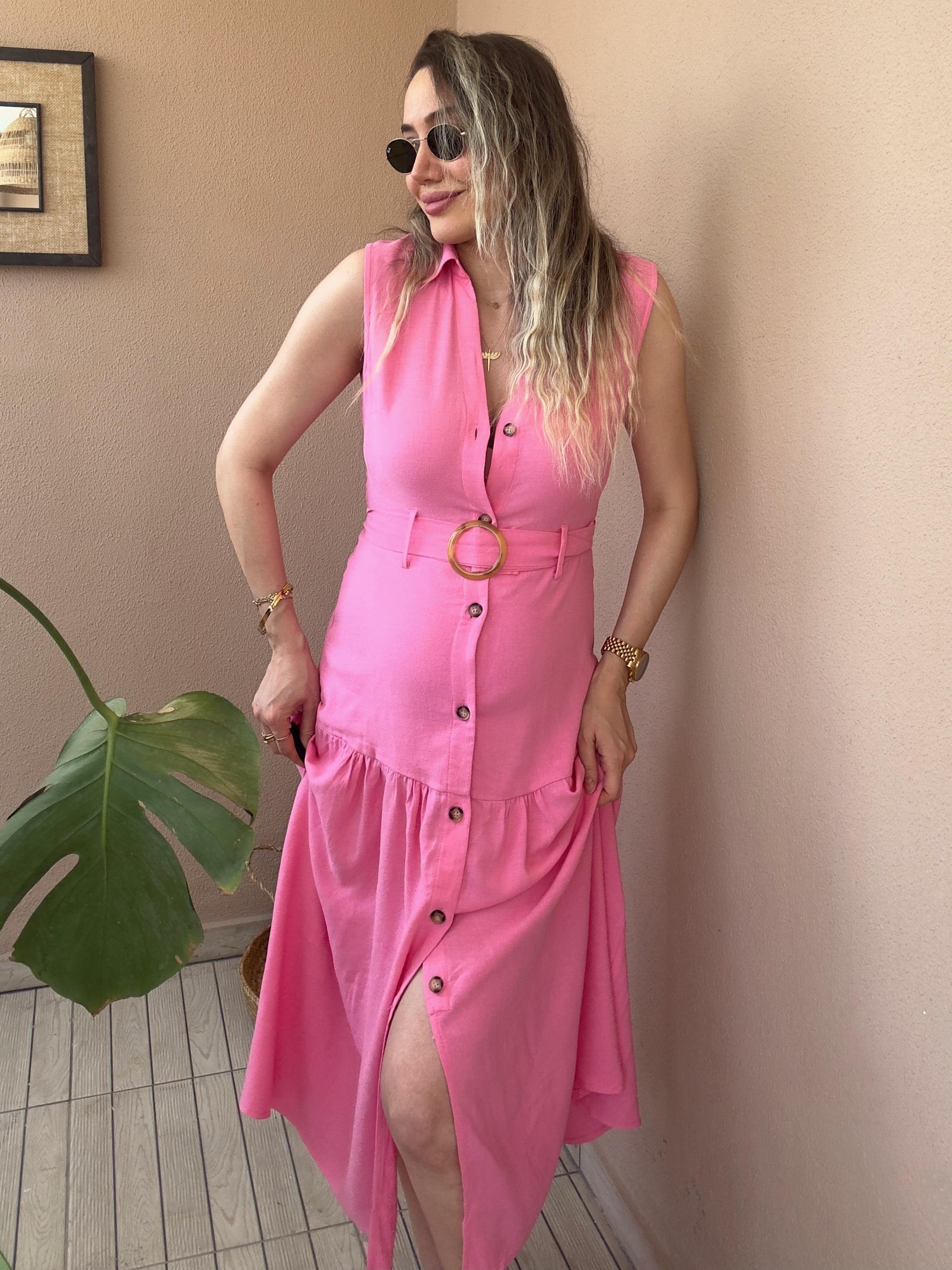 Pembe Düğmeli Cotton Elbise 