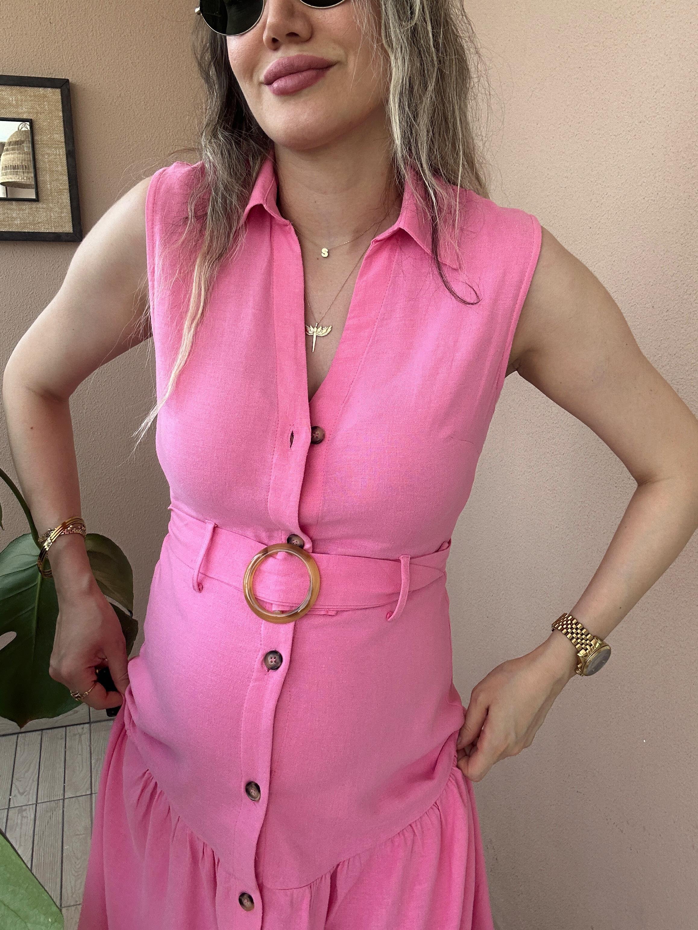 Pembe Düğmeli Cotton Elbise 