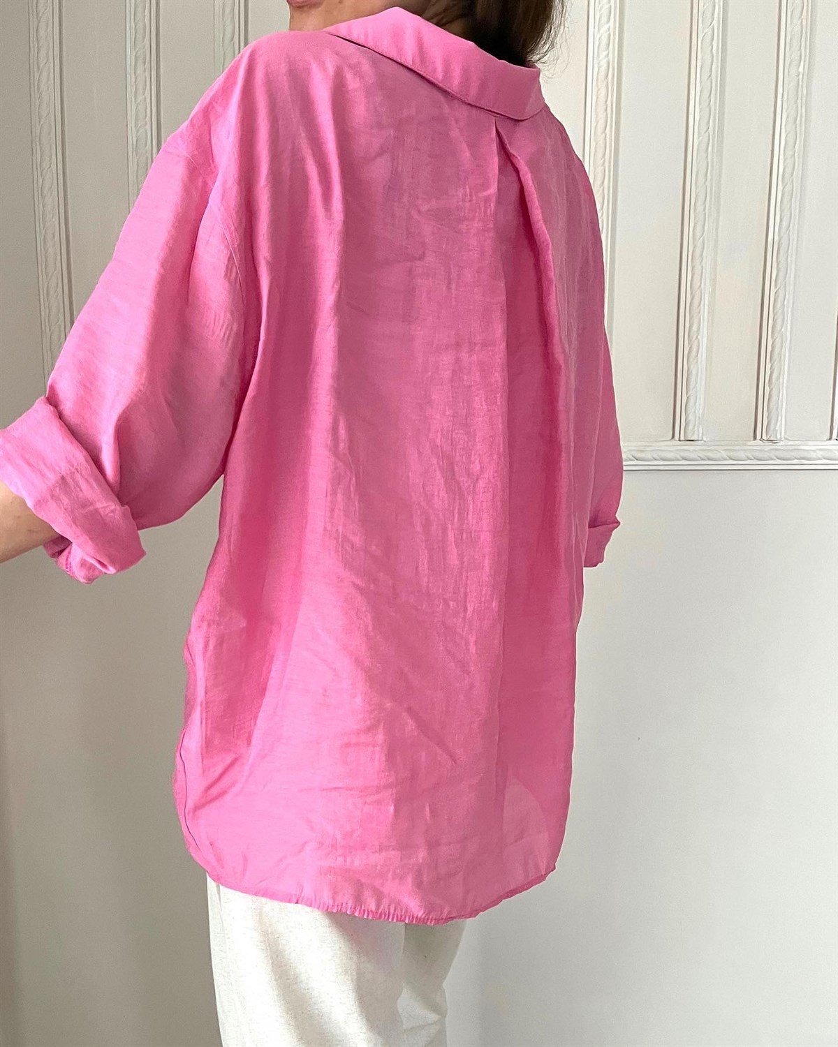 Pembe Düşük Omuz Oversize Gömlek