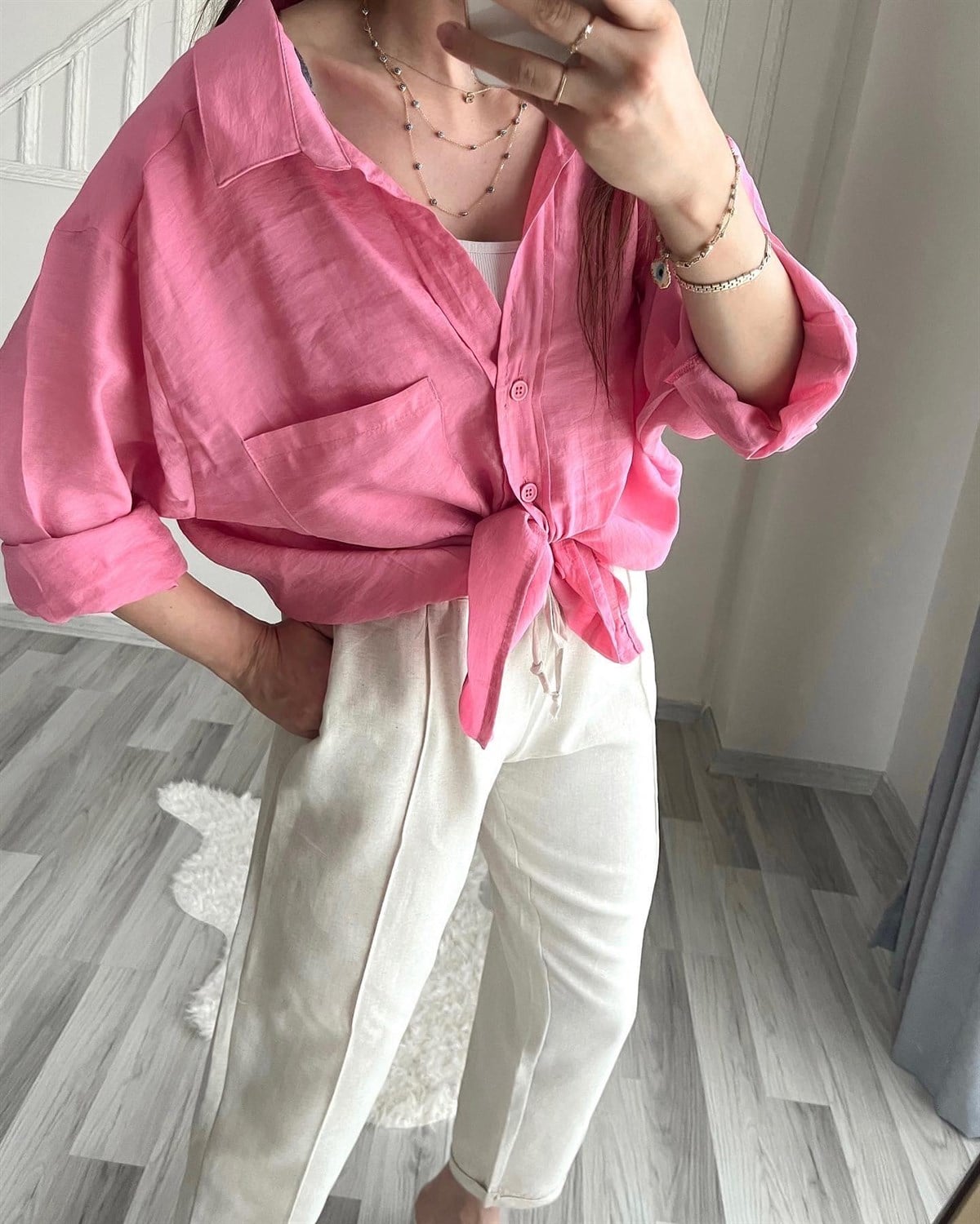 Pembe Düşük Omuz Oversize Gömlek