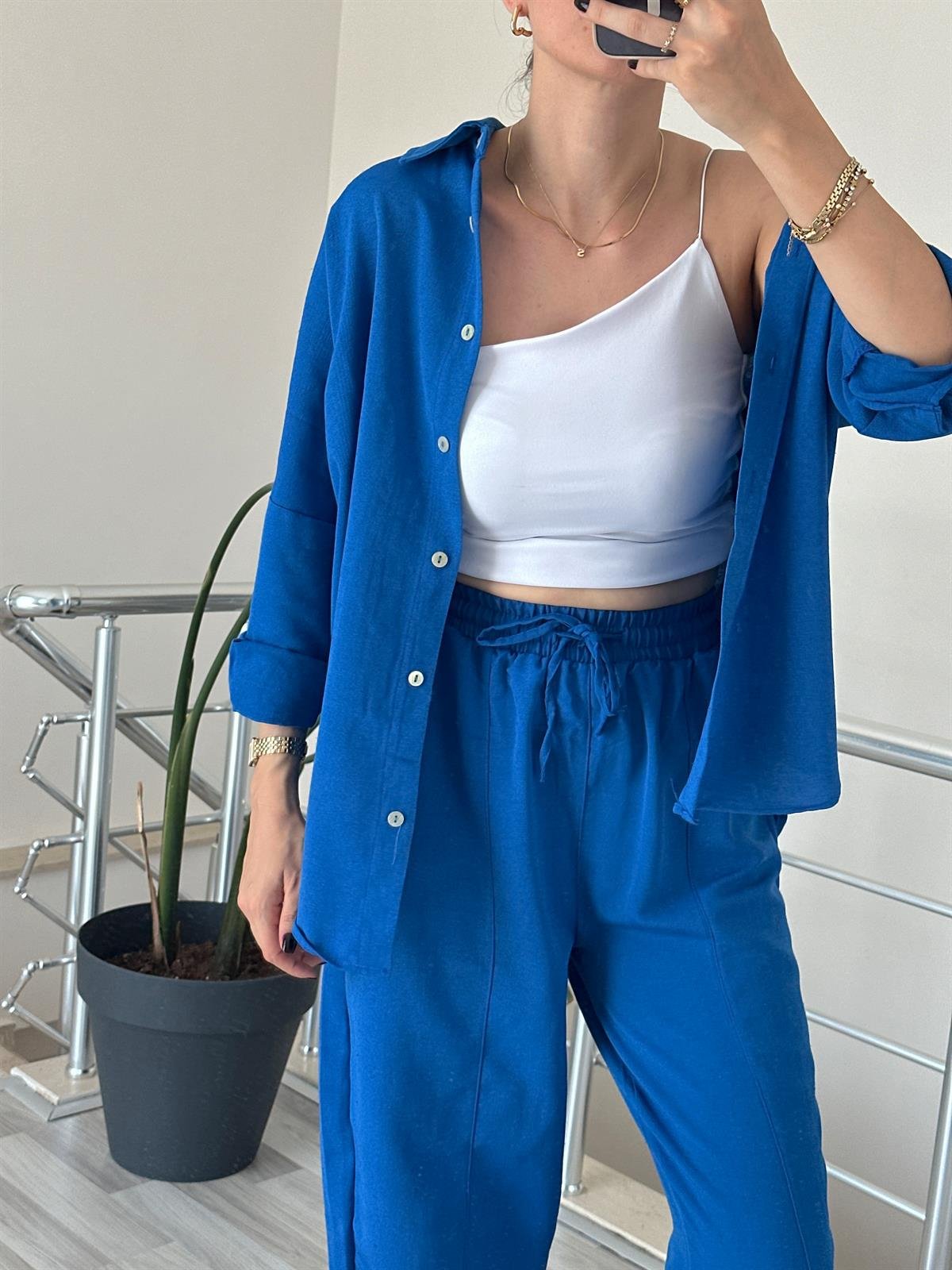 Saks Mavi Keten Takım