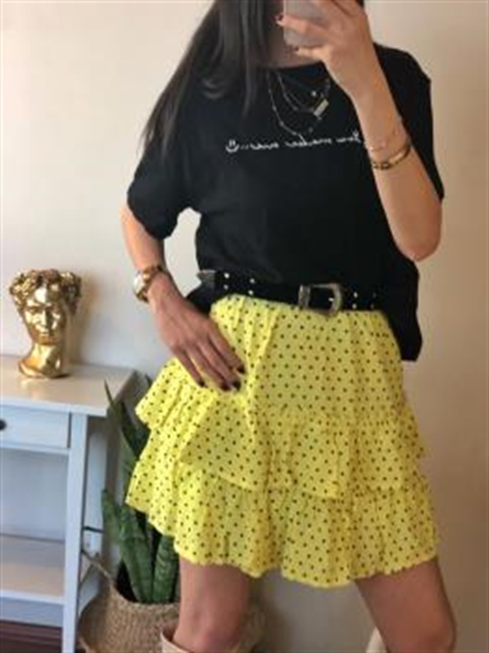 Sarı Puantiyeli Crep Etek