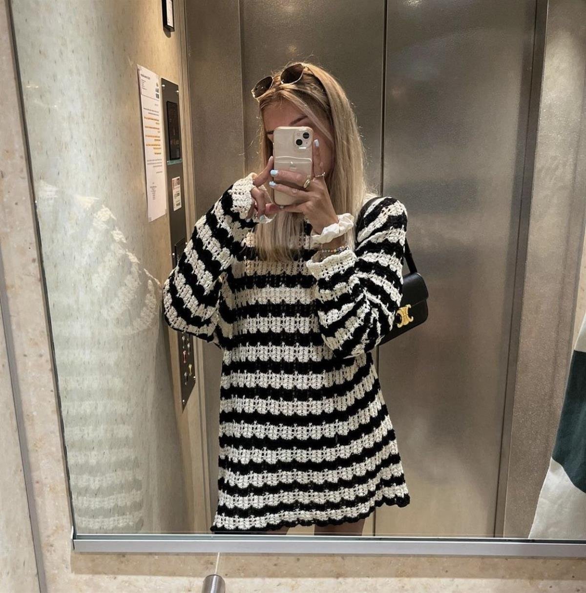 Siyah-Ekru Ajurlu Mini Elbise