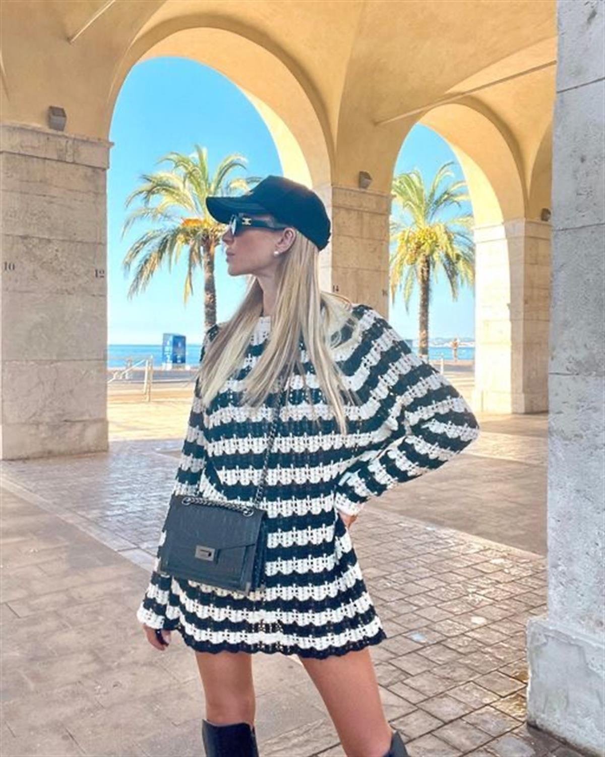 Siyah-Ekru Ajurlu Mini Elbise