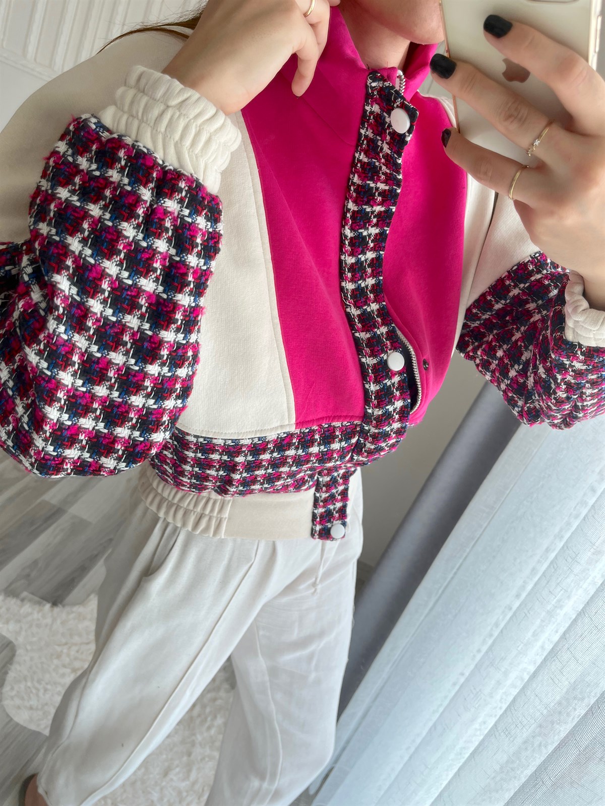 Tasarım Pembe Desenli Bomber Mont 