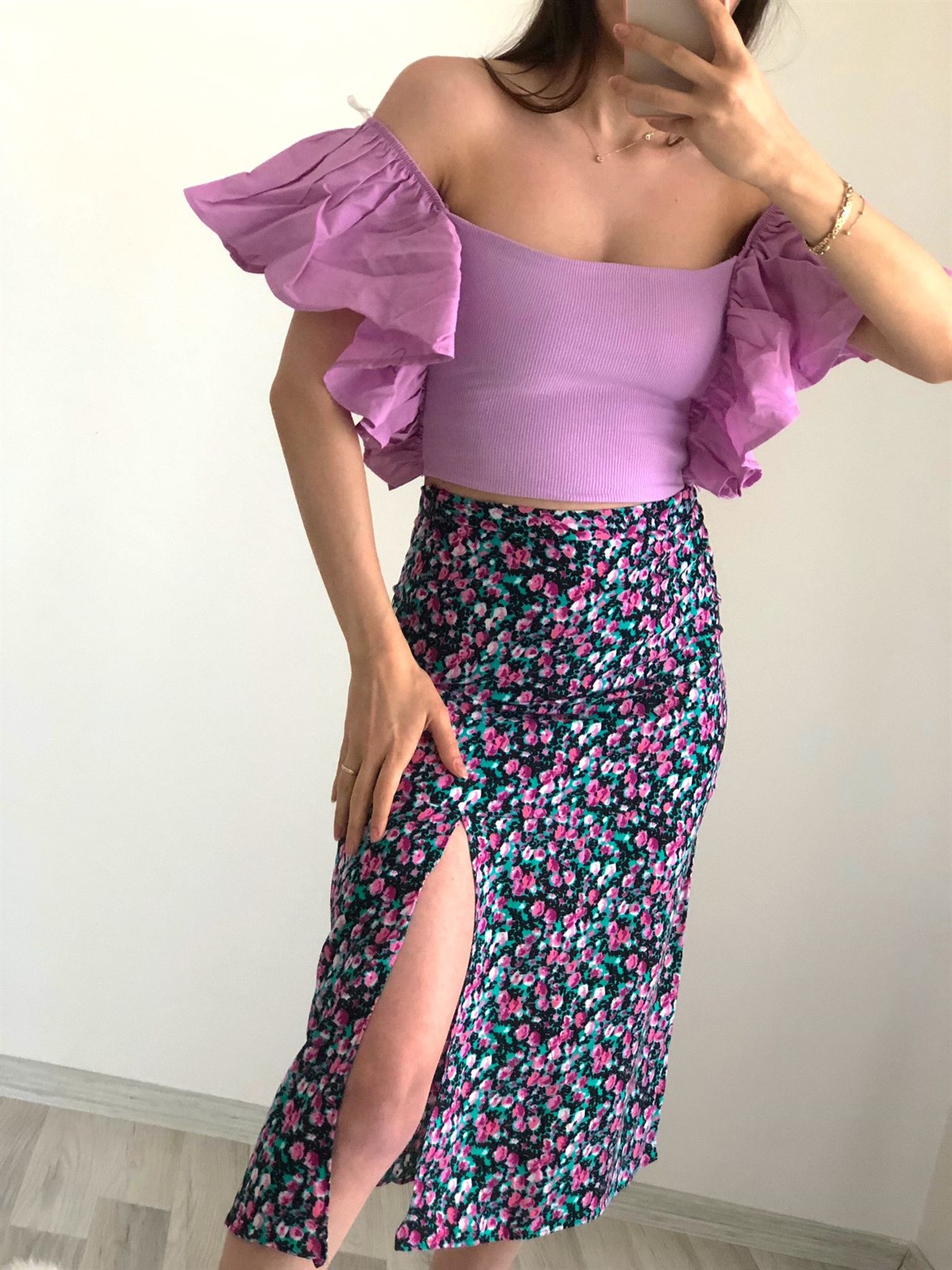 Viskon Çiçekli Etek