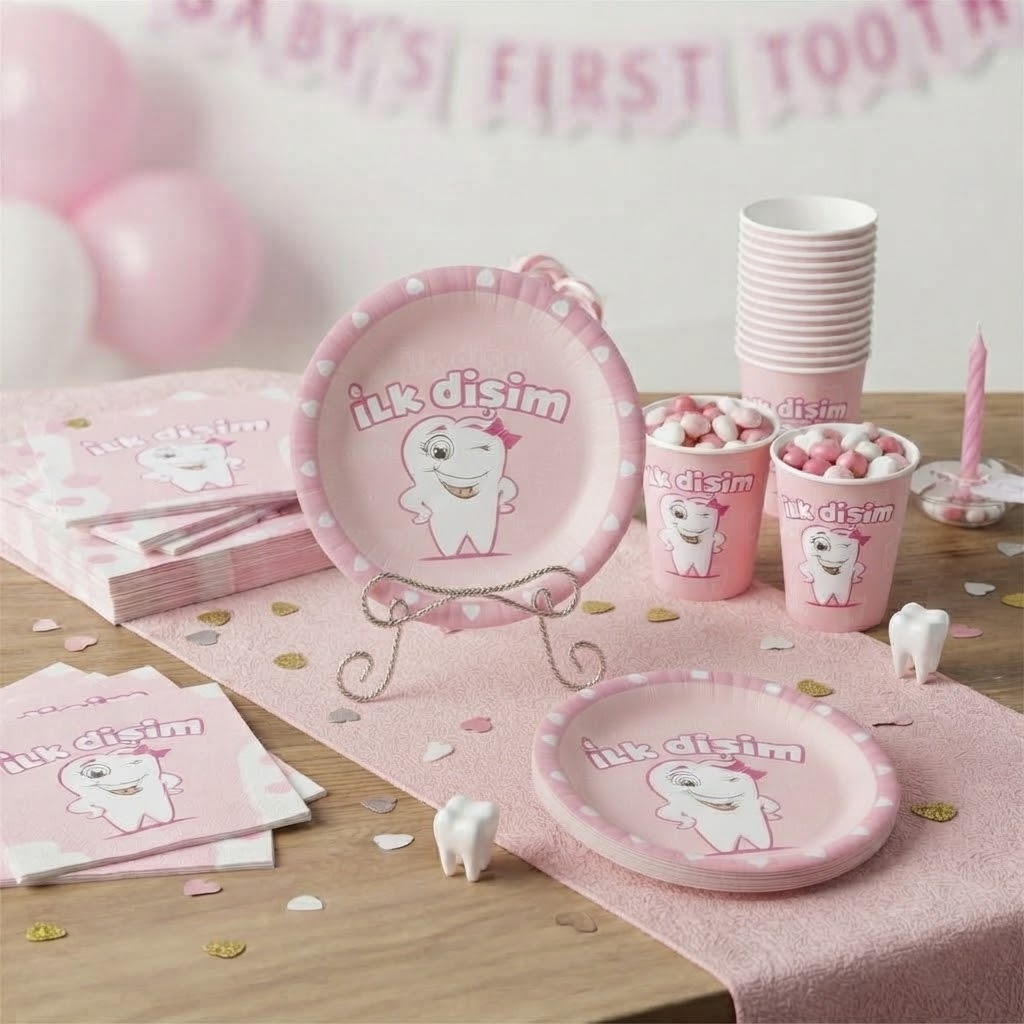 Pembe İlk Diş Tabak ve Bardak Seti (8 Kişilik)