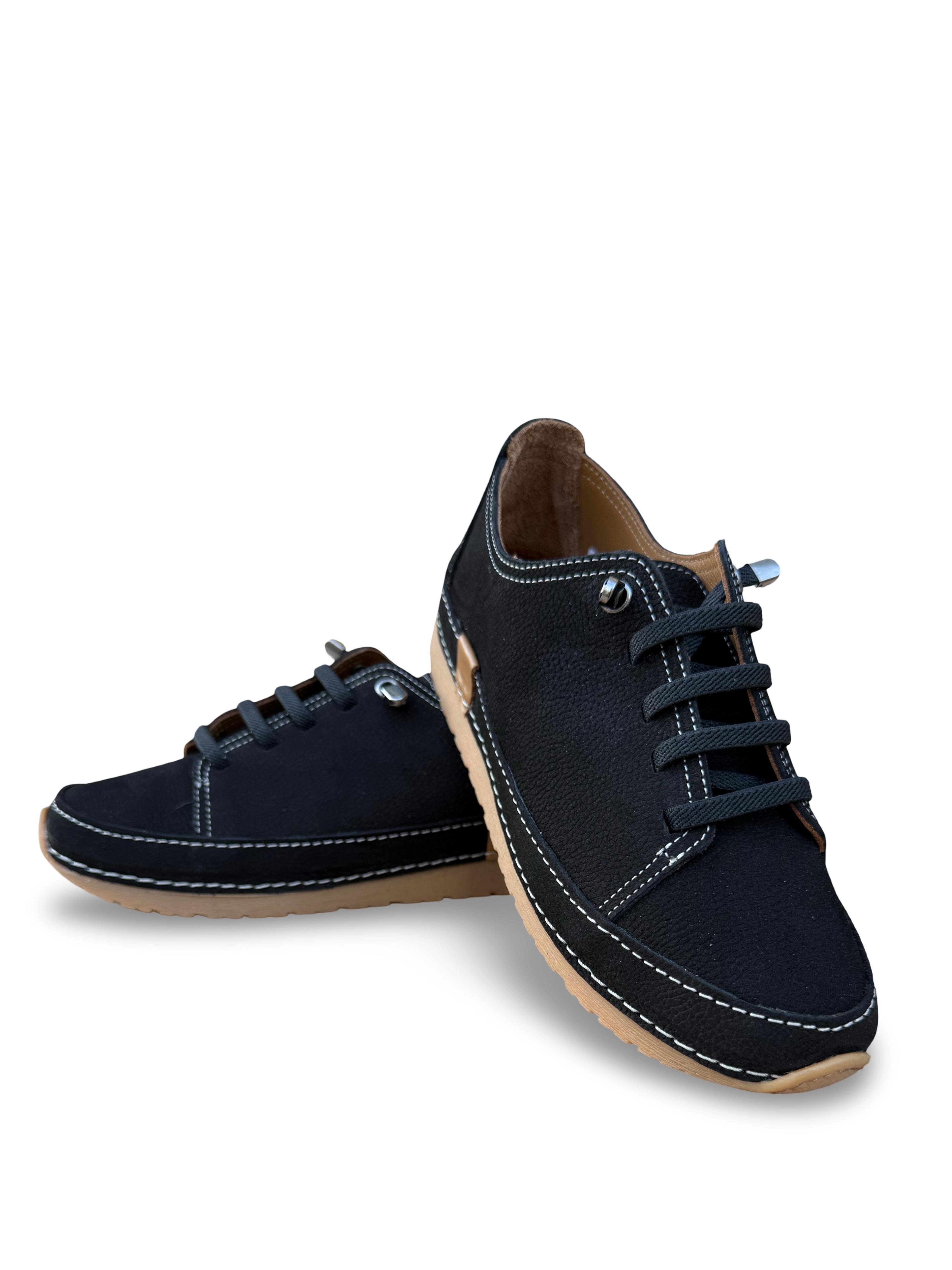 Bty262RC1 Hakiki Deri Kadın Comfort Taban Casual Ayakkabı Siyah Nubuk