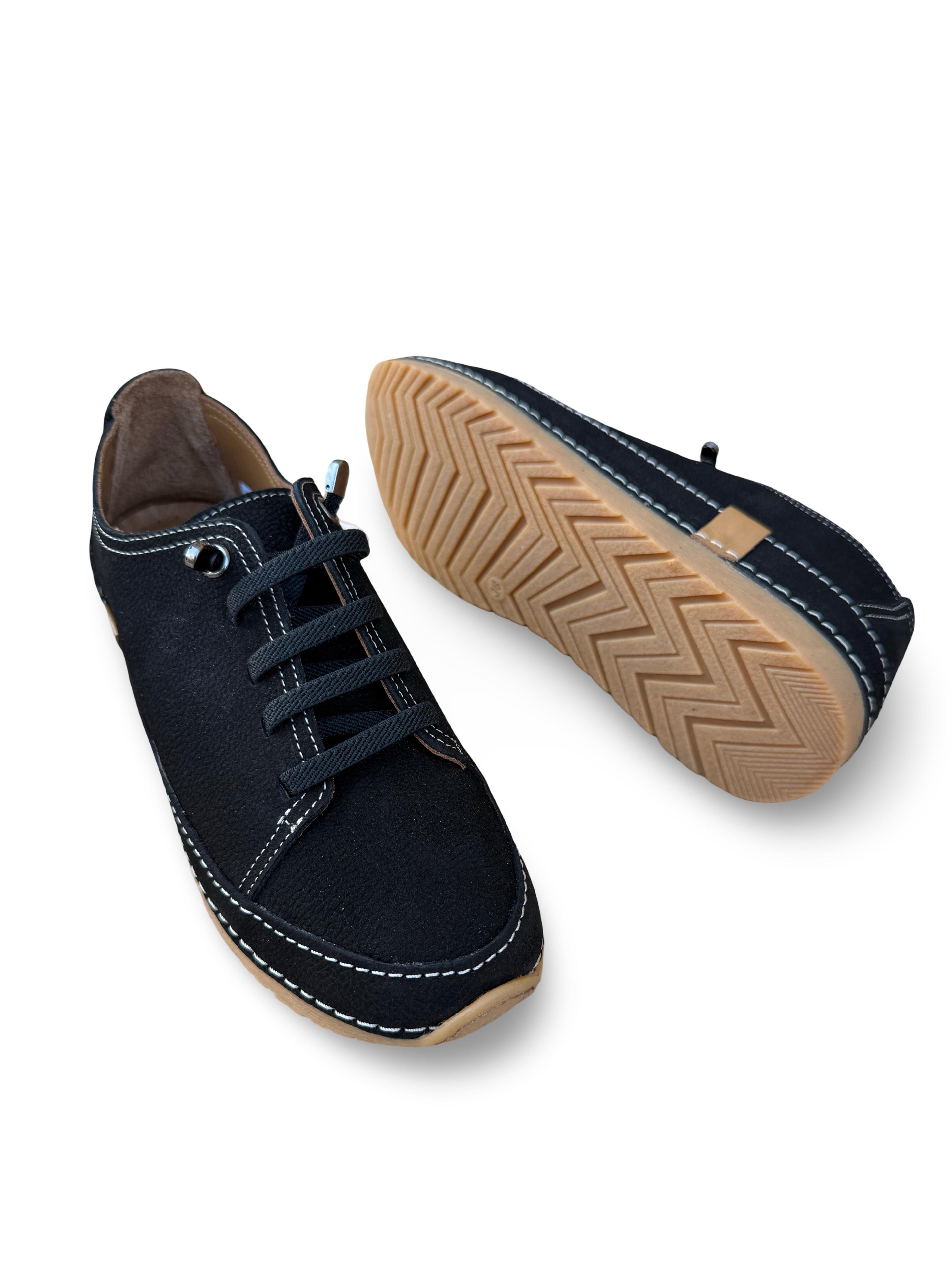 Bty262RC1 Hakiki Deri Kadın Comfort Taban Casual Ayakkabı Siyah Nubuk