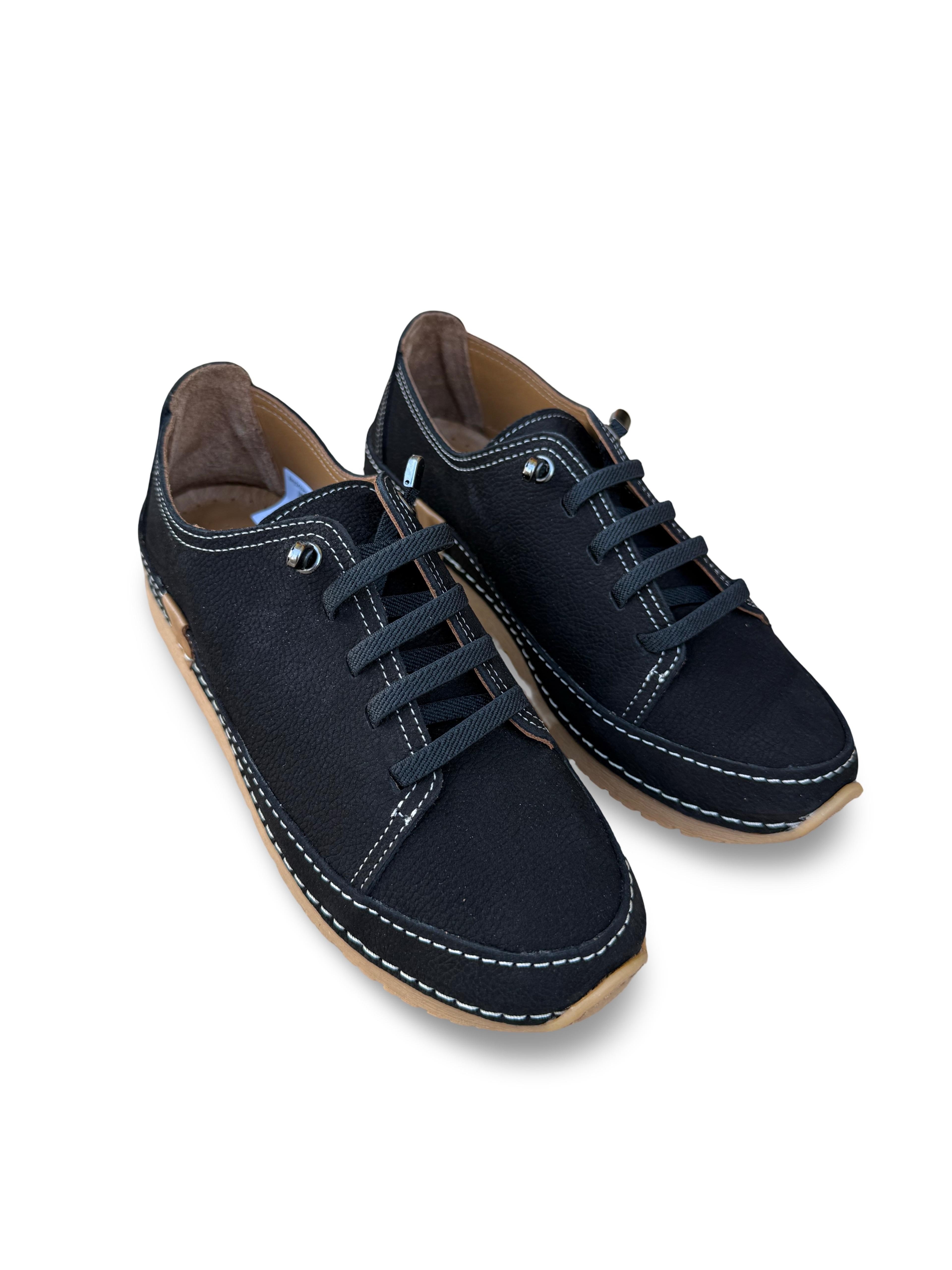 Bty262RC1 Hakiki Deri Kadın Comfort Taban Casual Ayakkabı Siyah Nubuk