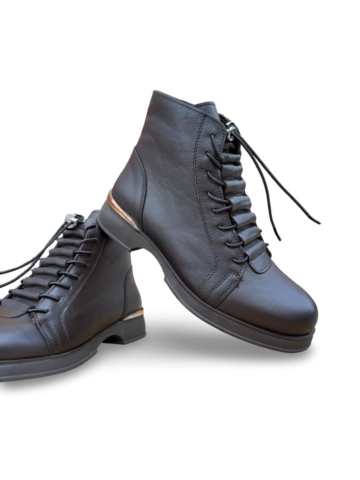 Yalınayak 37153-1 Hakiki Deri Kadın Esnek Bağcık Ve Fermuarlı Bot Kahverengi