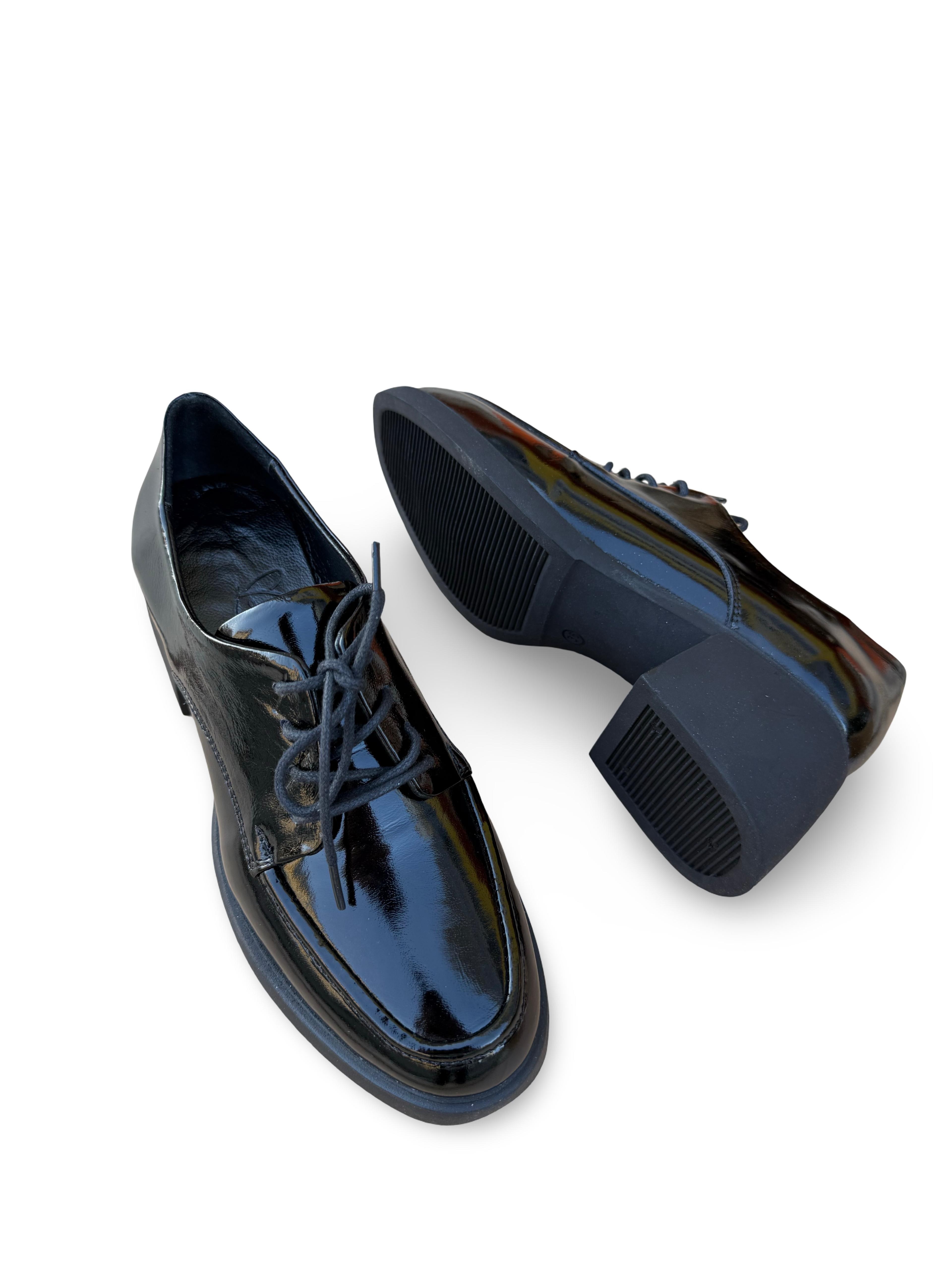 Yalınayak Bty04654 Hakiki Deri Kadın Topuklu Klasik Loafer Ayakkabı Siyah Rugan