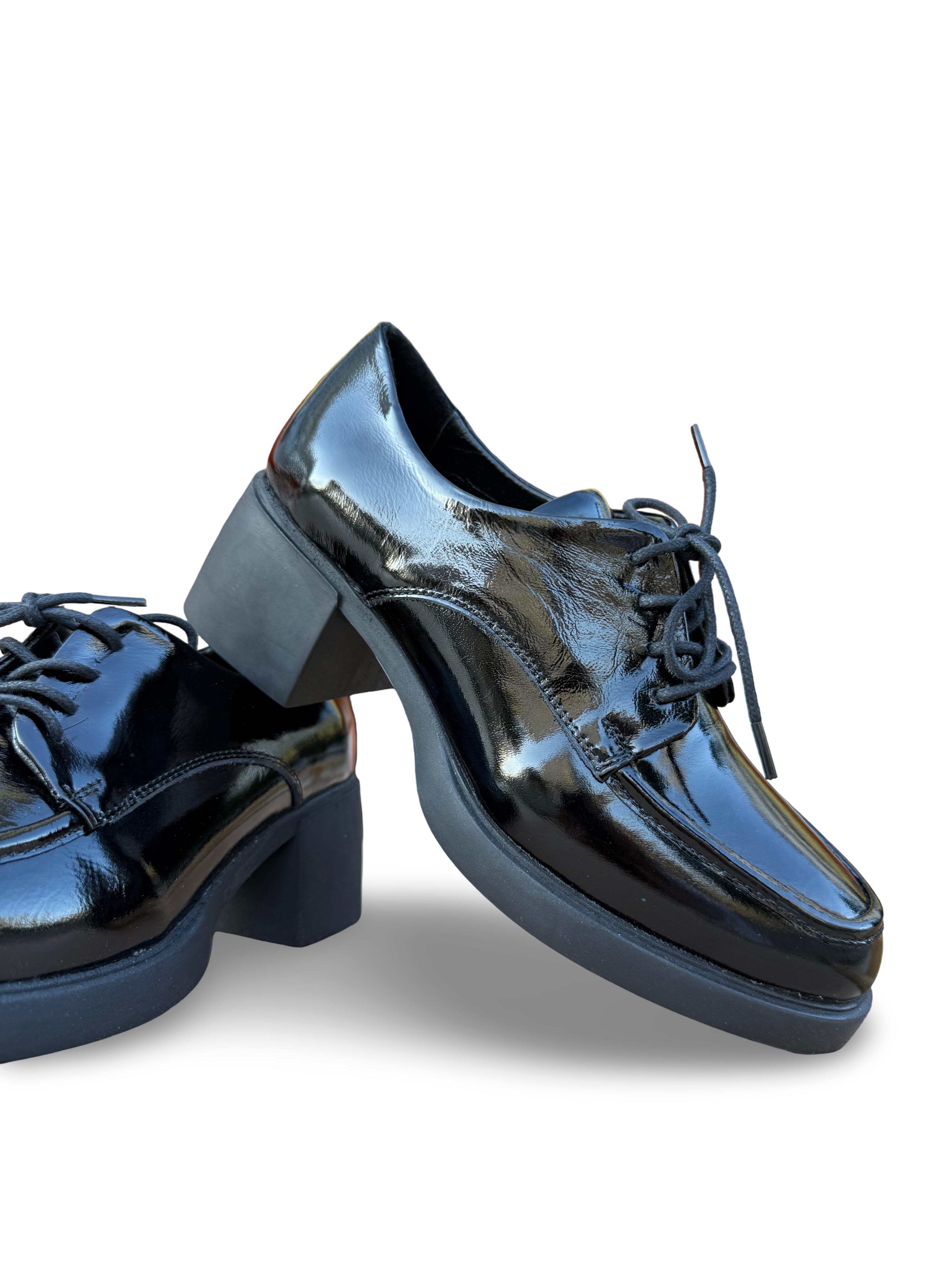 Yalınayak Bty04654 Hakiki Deri Kadın Topuklu Klasik Loafer Ayakkabı Siyah Rugan