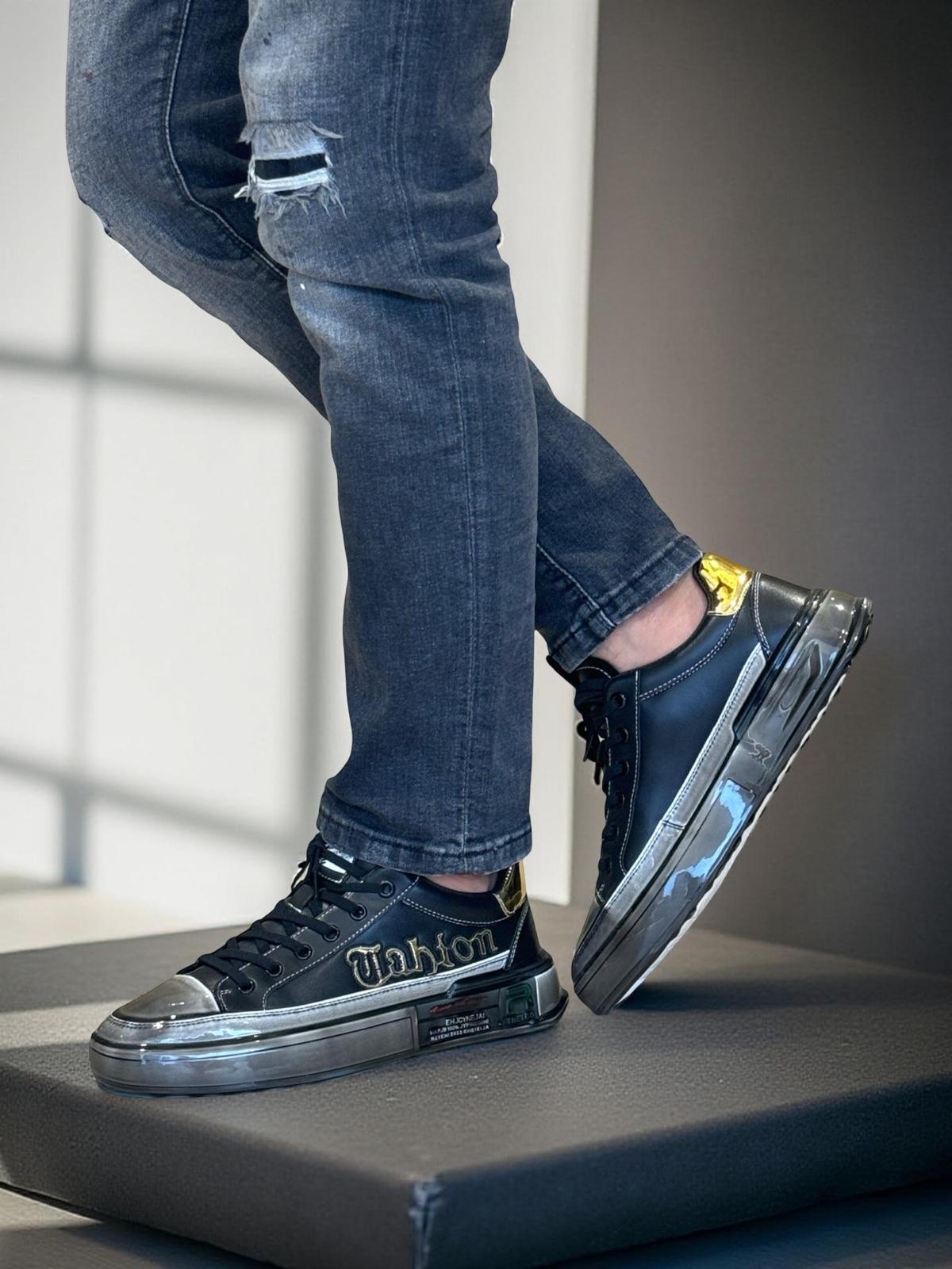 Yalınayak M19047 Hakiki Deri Şeffaf Taban Erkek Sneaker Siyah