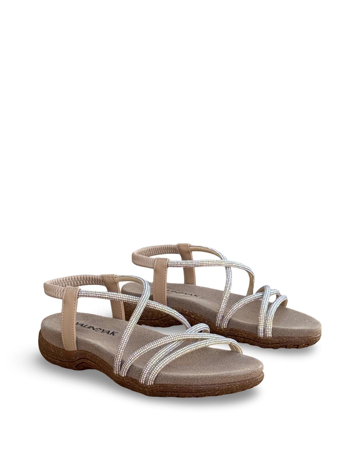 Yalınayak Sms2546 Kadın Taş Detaylı Comfort Taban Sandalet Nut