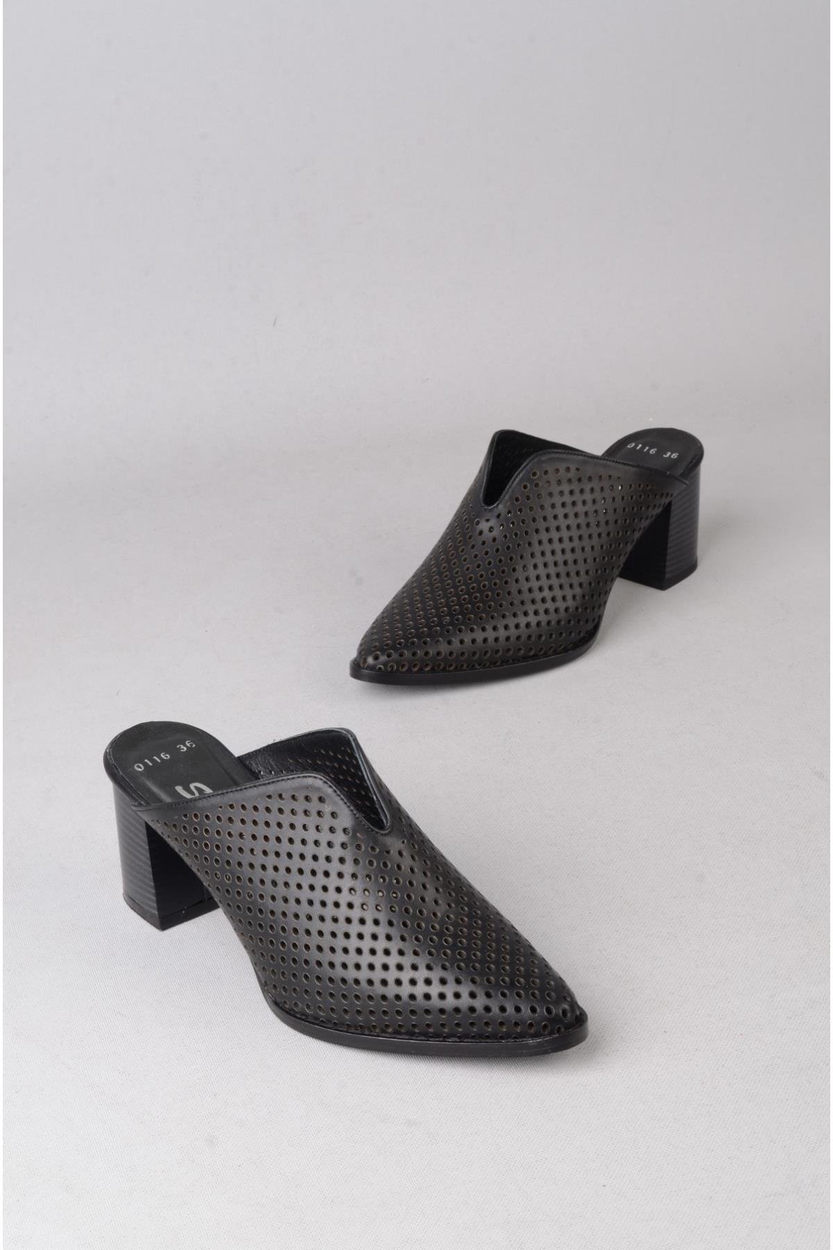 SEÇ 0116 HAKİKİ DERİ KADIN TOPUKLU TERLİK (Topuk Boyu:6cm) SİYAH