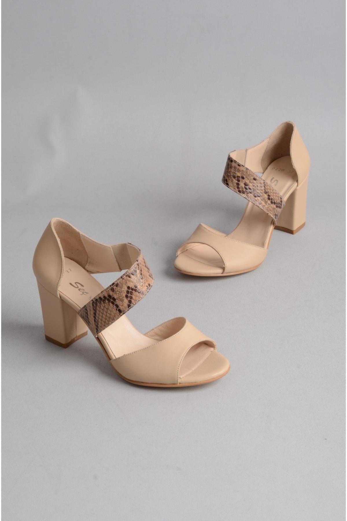 SEÇ 0220 HAKİKİ DERİ TOPUKLU KADIN AYAKKABI (8 cm) BEJ