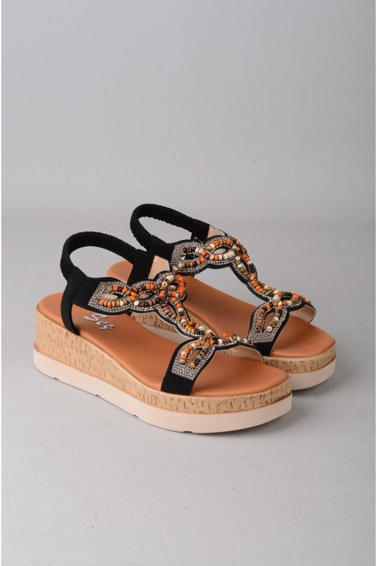 SEÇ 107 HAKİKİ DERİ DOLGU TOPUKLU SANDALET (Topuk Boyu:5 cm) SİYAH
