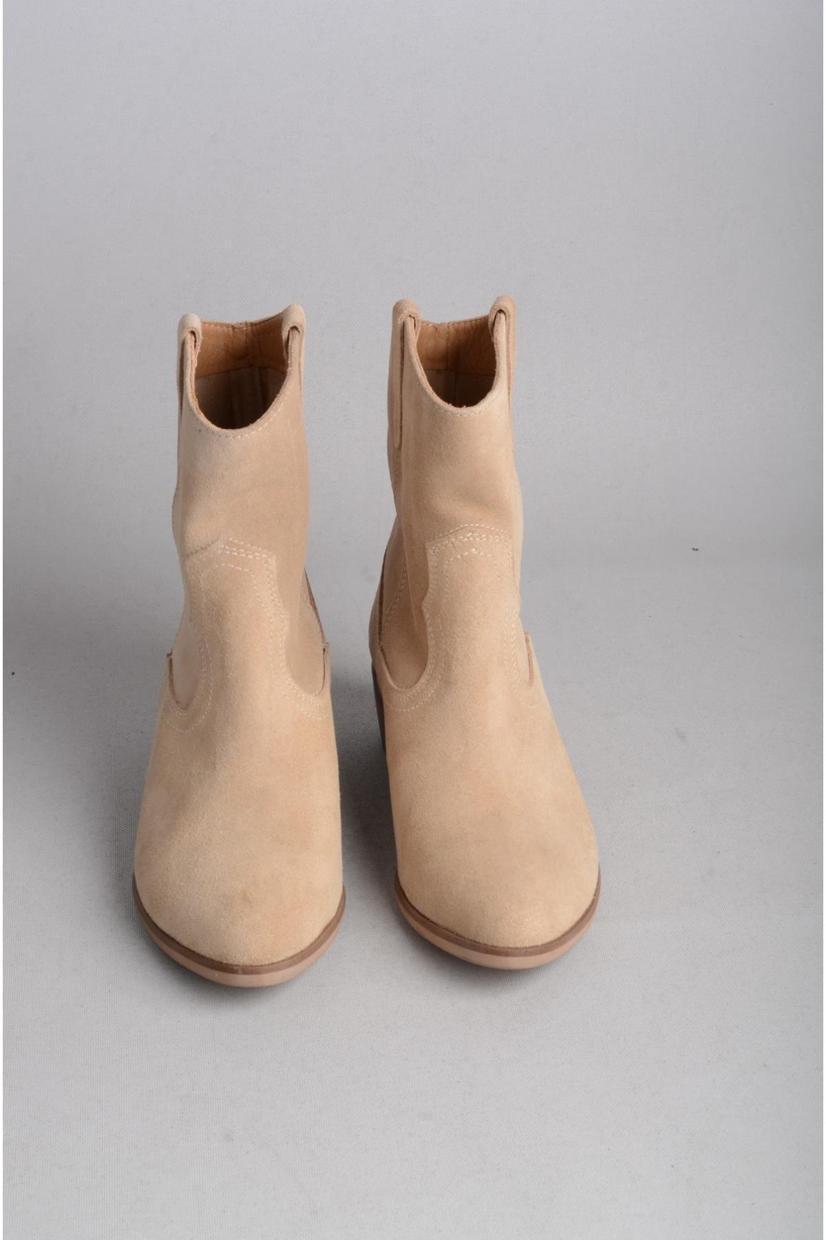 SEÇ 1219 Bayan Hakiki Deri Western Bot Bej Süet
