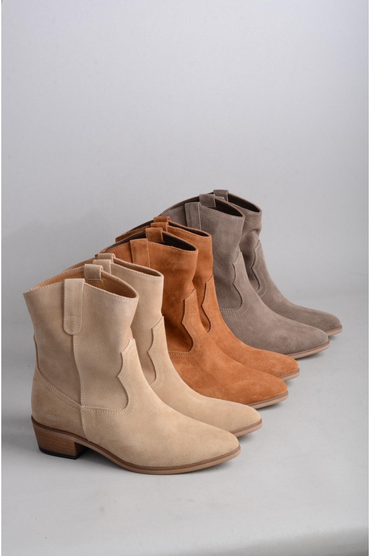 SEÇ 1219 Bayan Hakiki Deri Western Bot Bej Süet