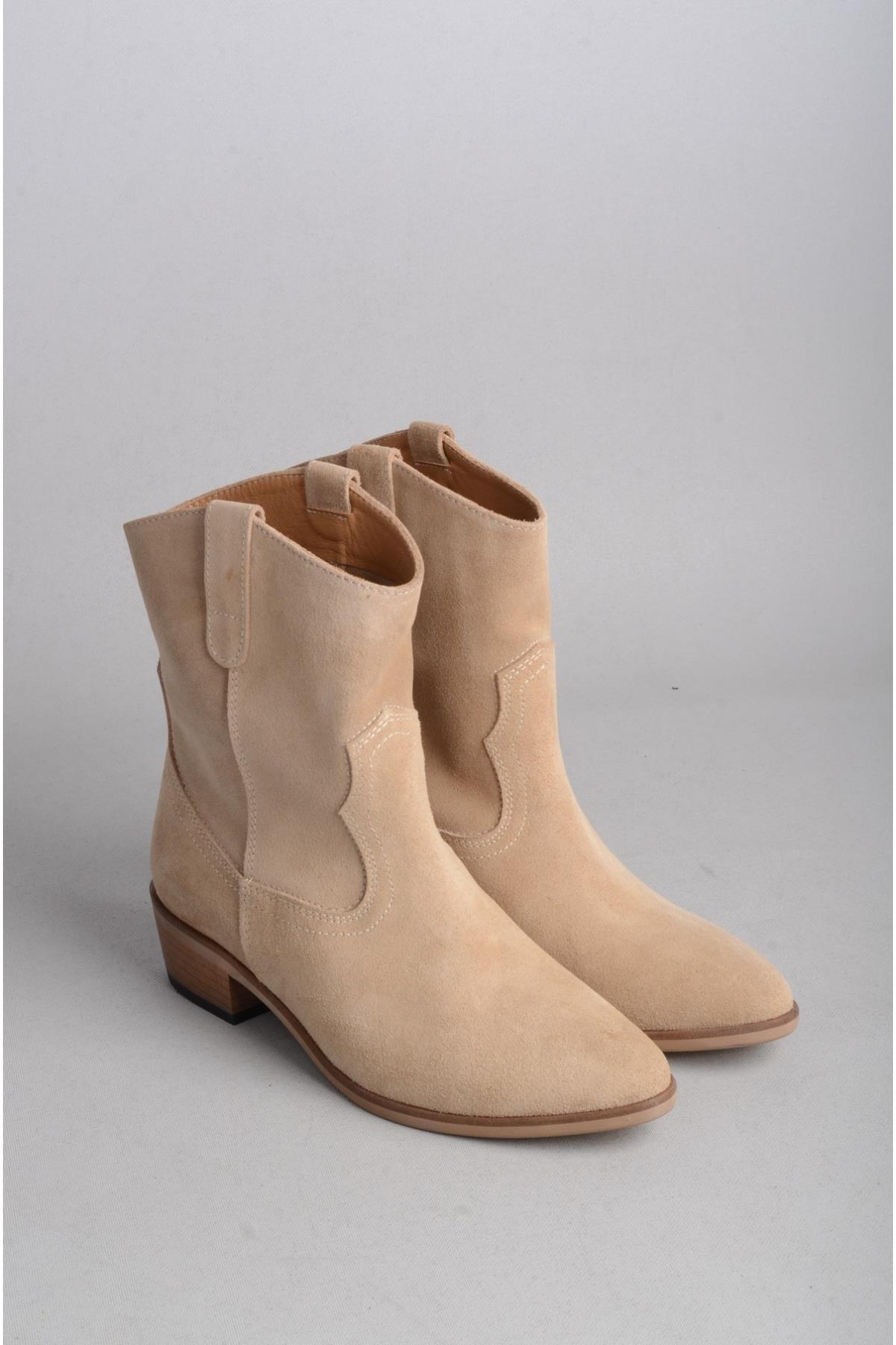 SEÇ 1219 Bayan Hakiki Deri Western Bot Bej Süet
