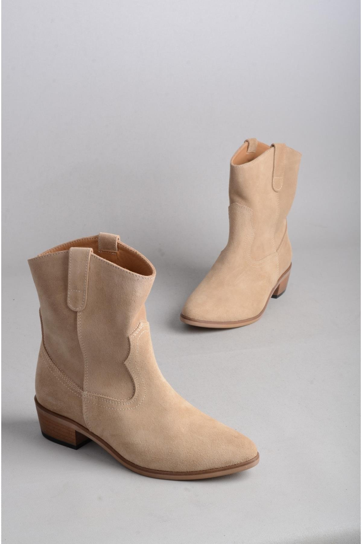 SEÇ 1219 Bayan Hakiki Deri Western Bot Bej Süet