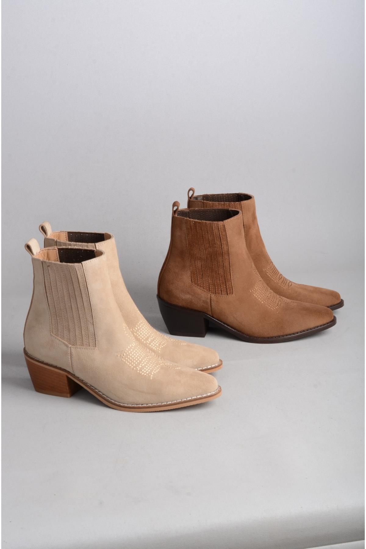 SEÇ 1623 HAKİKİ DERİ WESTERN TOPUKLU BOT (Topuk Boyu:6 cm) BEJ SÜET