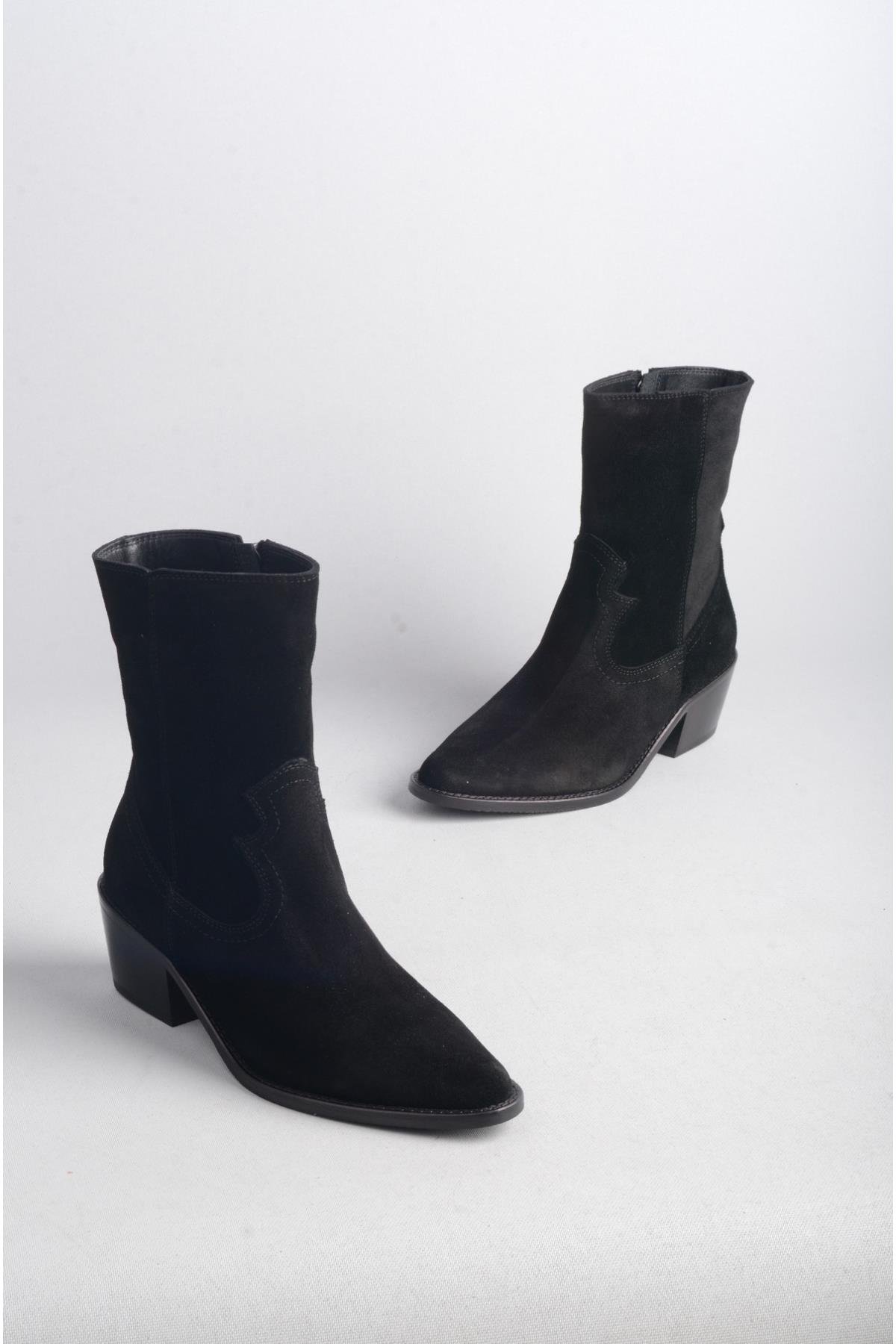 SEÇ 1678 HAKİKİ DERİ WESTERN TOPUKLU BOT (Topuk Boyu: 5 cm) SİYAH SÜET
