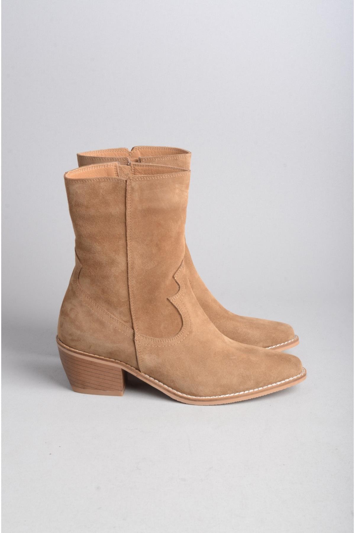SEÇ 1678 HAKİKİ DERİ WESTERN TOPUKLU BOT (Topuk Boyu: 5 cm) TABA SÜET
