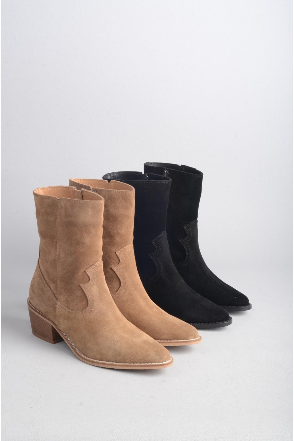 SEÇ 1678 HAKİKİ DERİ WESTERN TOPUKLU BOT (Topuk Boyu: 5 cm) SİYAH SÜET