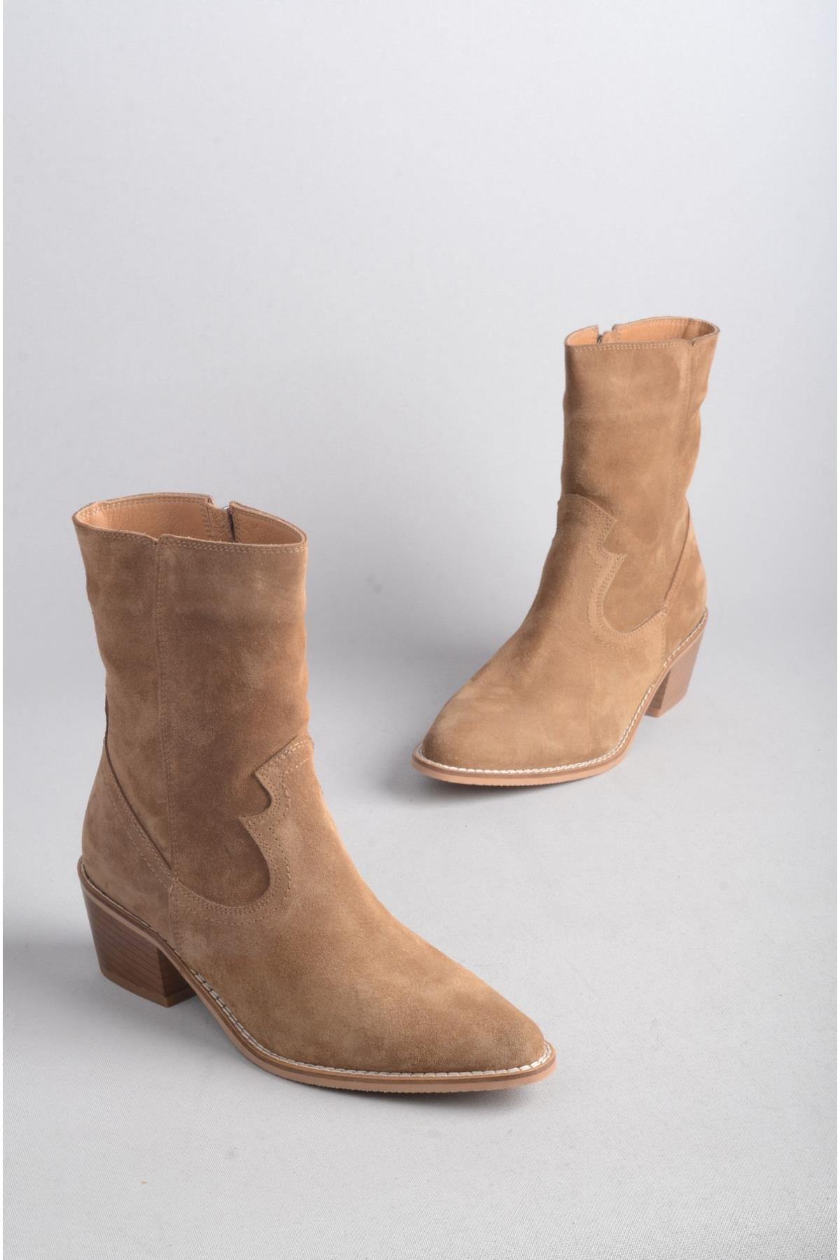 SEÇ 1678 HAKİKİ DERİ WESTERN TOPUKLU BOT (Topuk Boyu: 5 cm) TABA SÜET