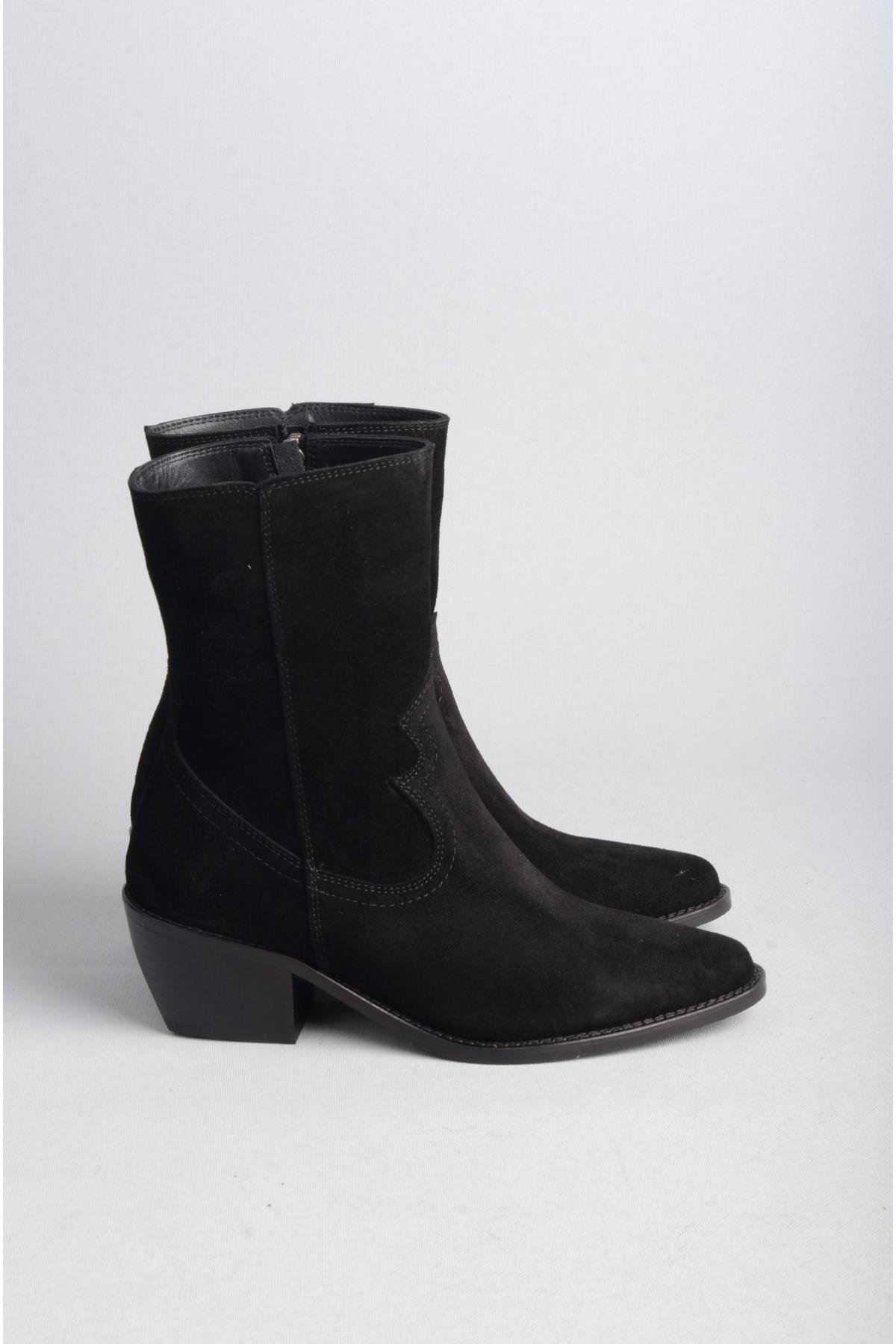 SEÇ 1678 HAKİKİ DERİ WESTERN TOPUKLU BOT (Topuk Boyu: 5 cm) SİYAH SÜET