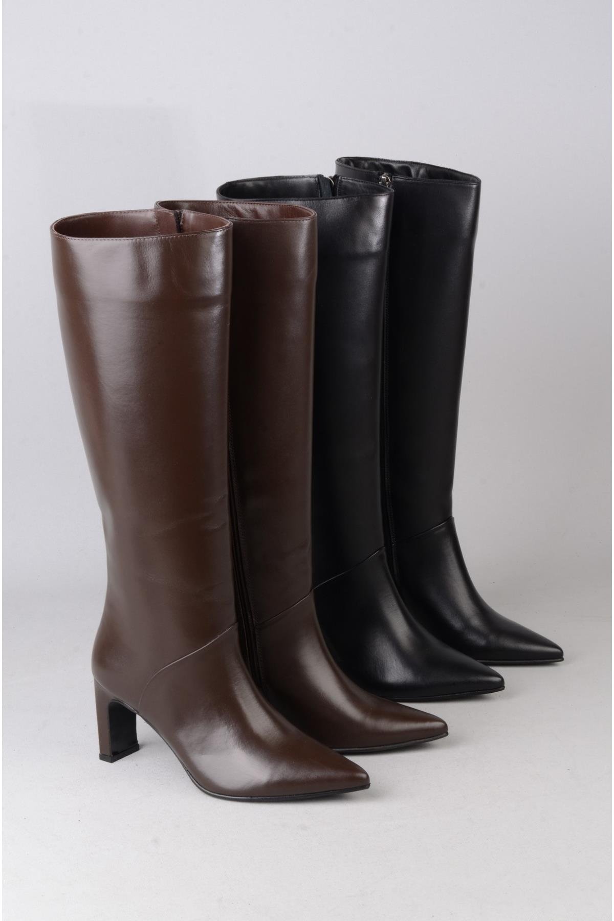 SEÇ 1717 HAKİKİ DERİ TOPUKLU KADIN ÇİZME (Topuk Boyu: 8 cm) KAHVE