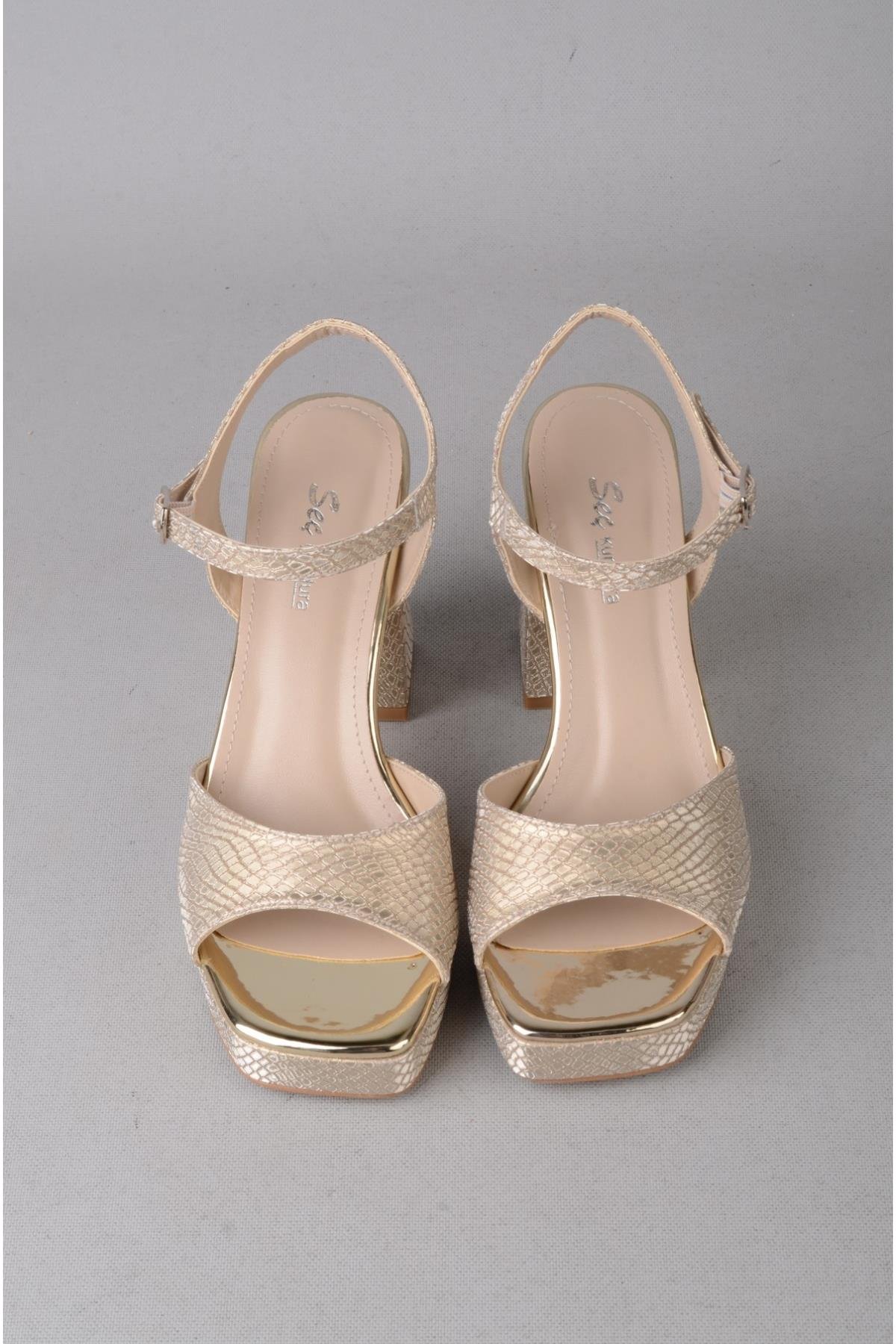 SEÇ 203 PLATFORM TOPUKLU ABİYE AYAKKABI (Topuk 10,5cm - platform  cm) ALTIN