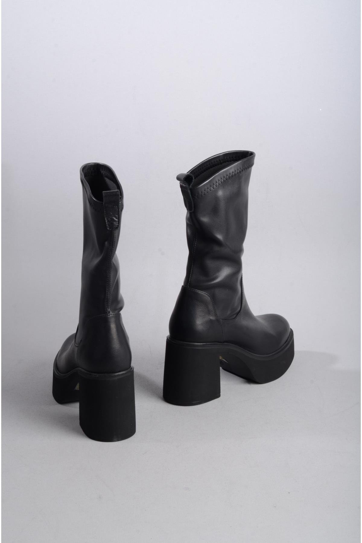 SEÇ 20695 HAKİKİ DERİ STREÇ PLATFORM TOPUKLU KADIN BOT (Topuk Boyu:8,5cm) SİYAH