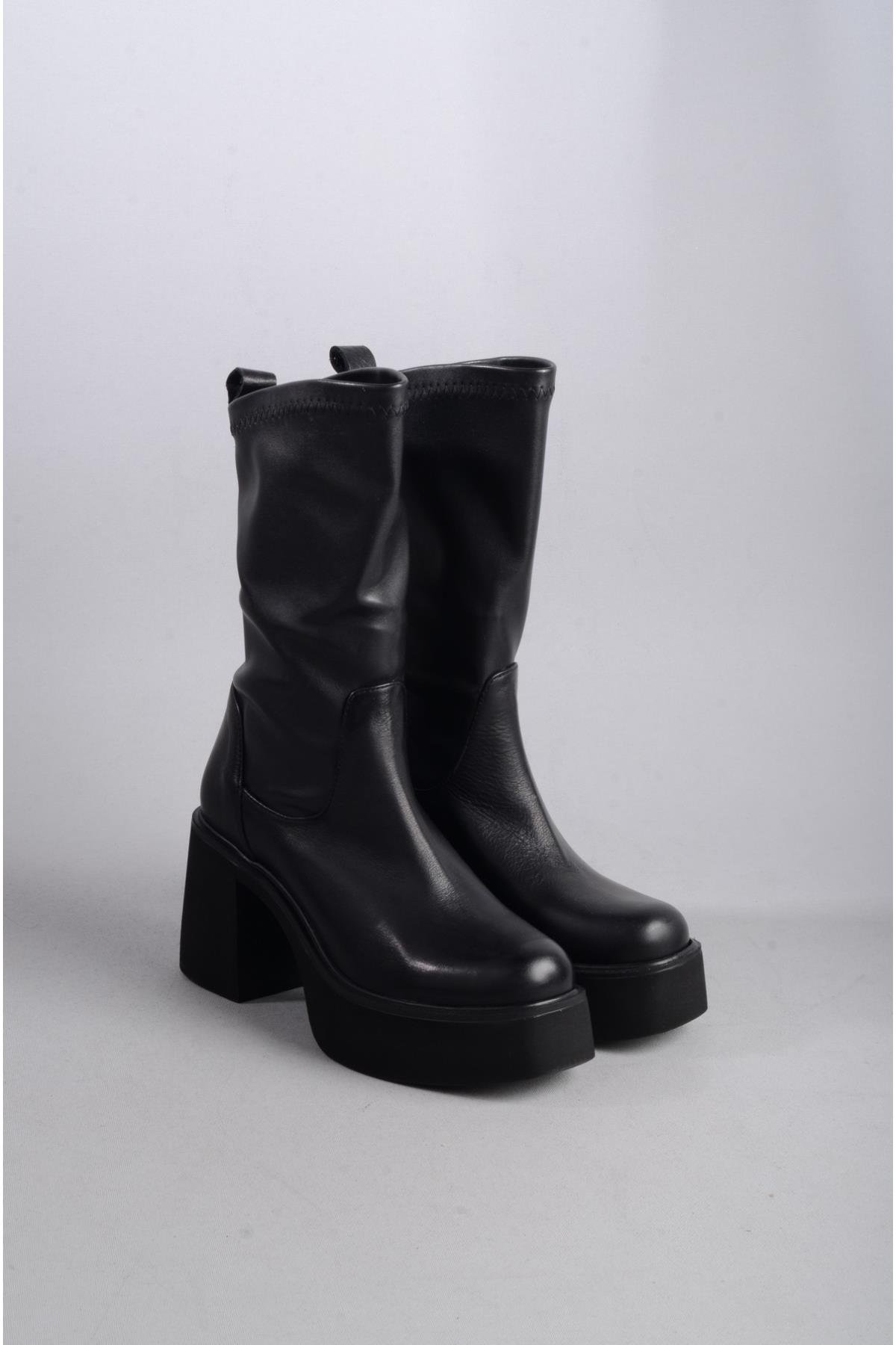 SEÇ 20695 HAKİKİ DERİ STREÇ PLATFORM TOPUKLU KADIN BOT (Topuk Boyu:8,5cm) SİYAH