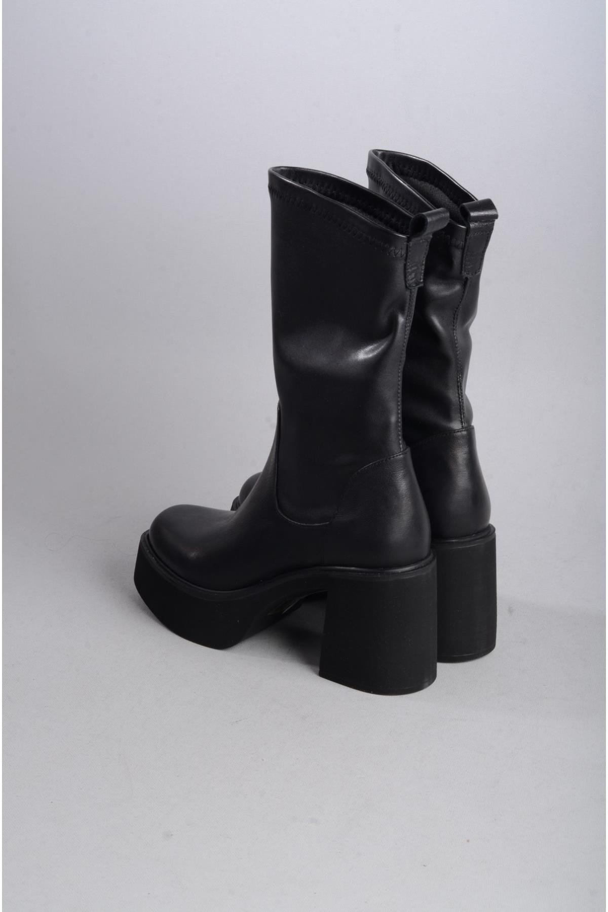 SEÇ 20695 HAKİKİ DERİ STREÇ PLATFORM TOPUKLU KADIN BOT (Topuk Boyu:8,5cm) SİYAH