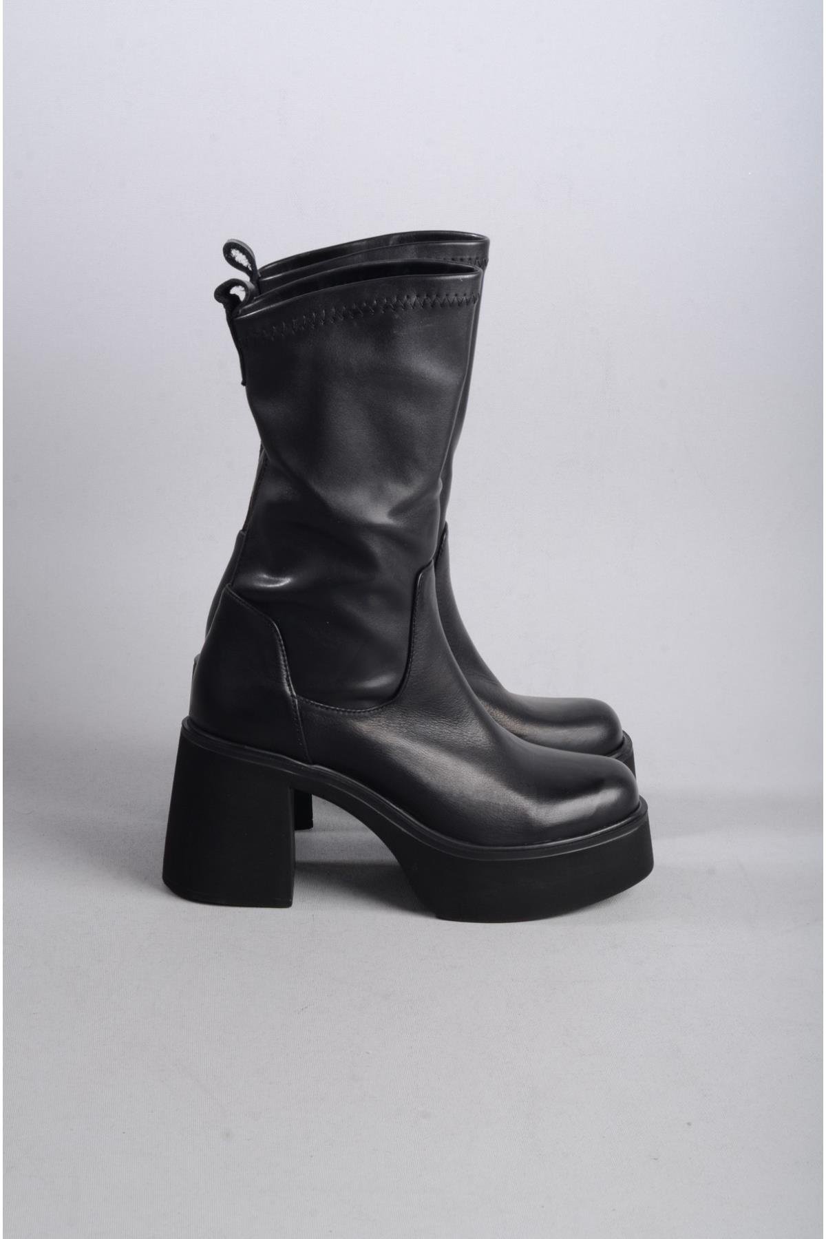 SEÇ 20695 HAKİKİ DERİ STREÇ PLATFORM TOPUKLU KADIN BOT (Topuk Boyu:8,5cm) SİYAH