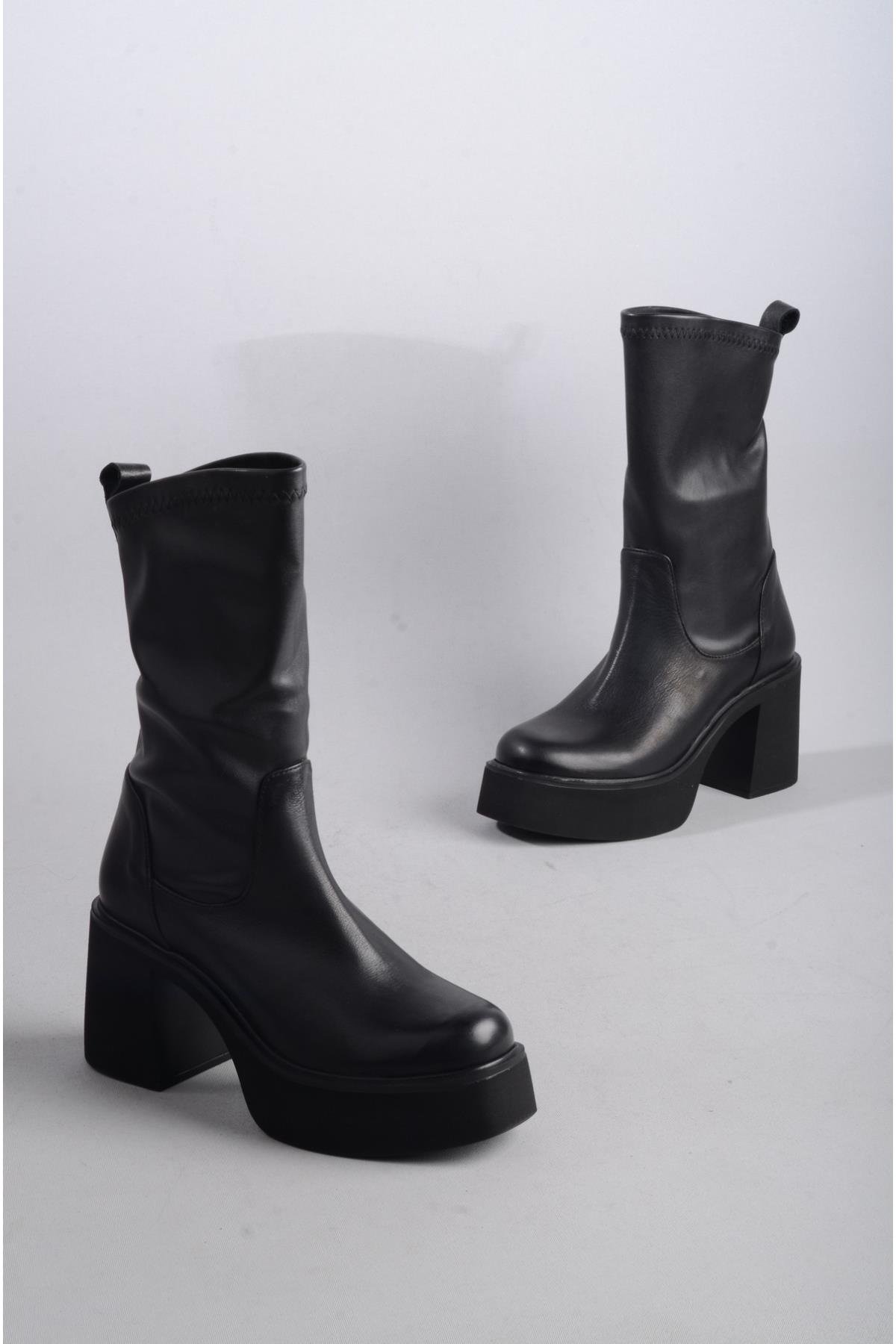 SEÇ 20695 HAKİKİ DERİ STREÇ PLATFORM TOPUKLU KADIN BOT (Topuk Boyu:8,5cm) SİYAH