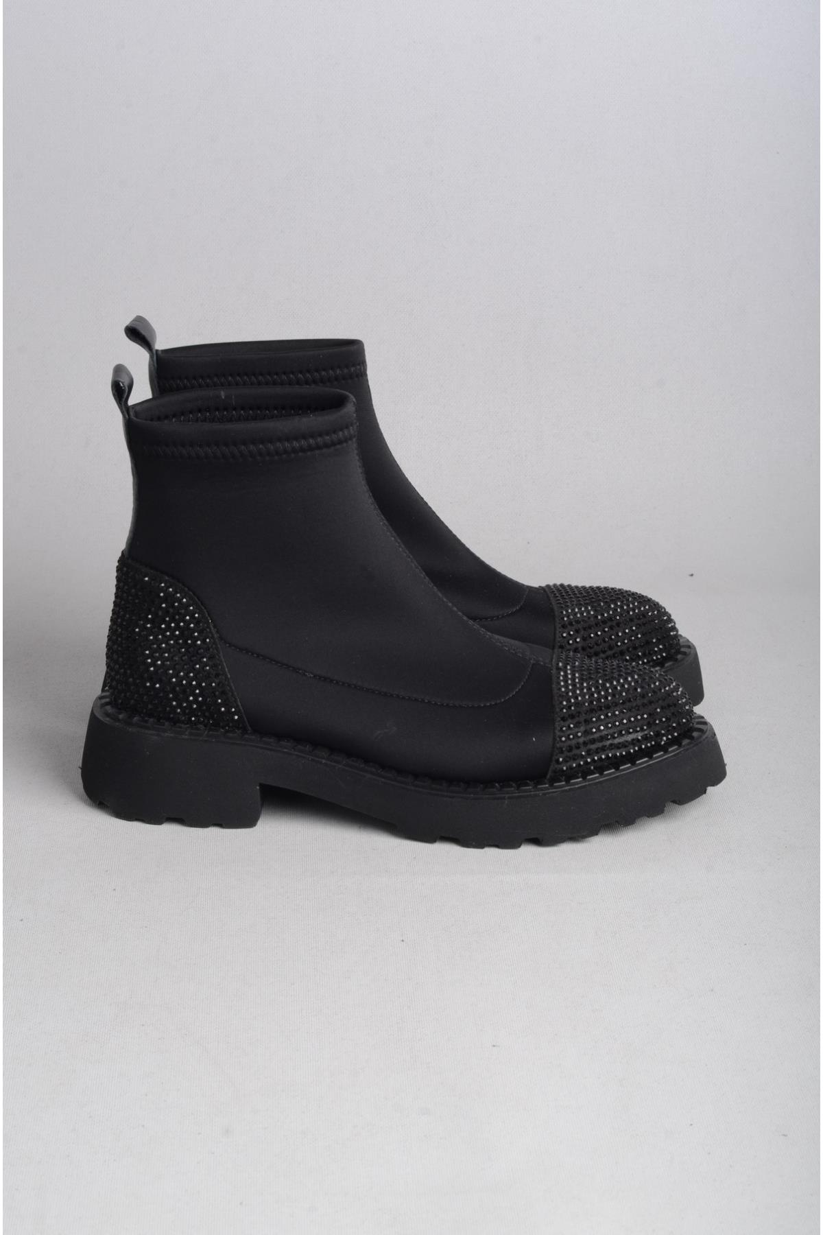 SEÇ 24565 TAŞ DETAYLI STREÇ KADIN BOT (Topuk Boyu:4 cm) SİYAH