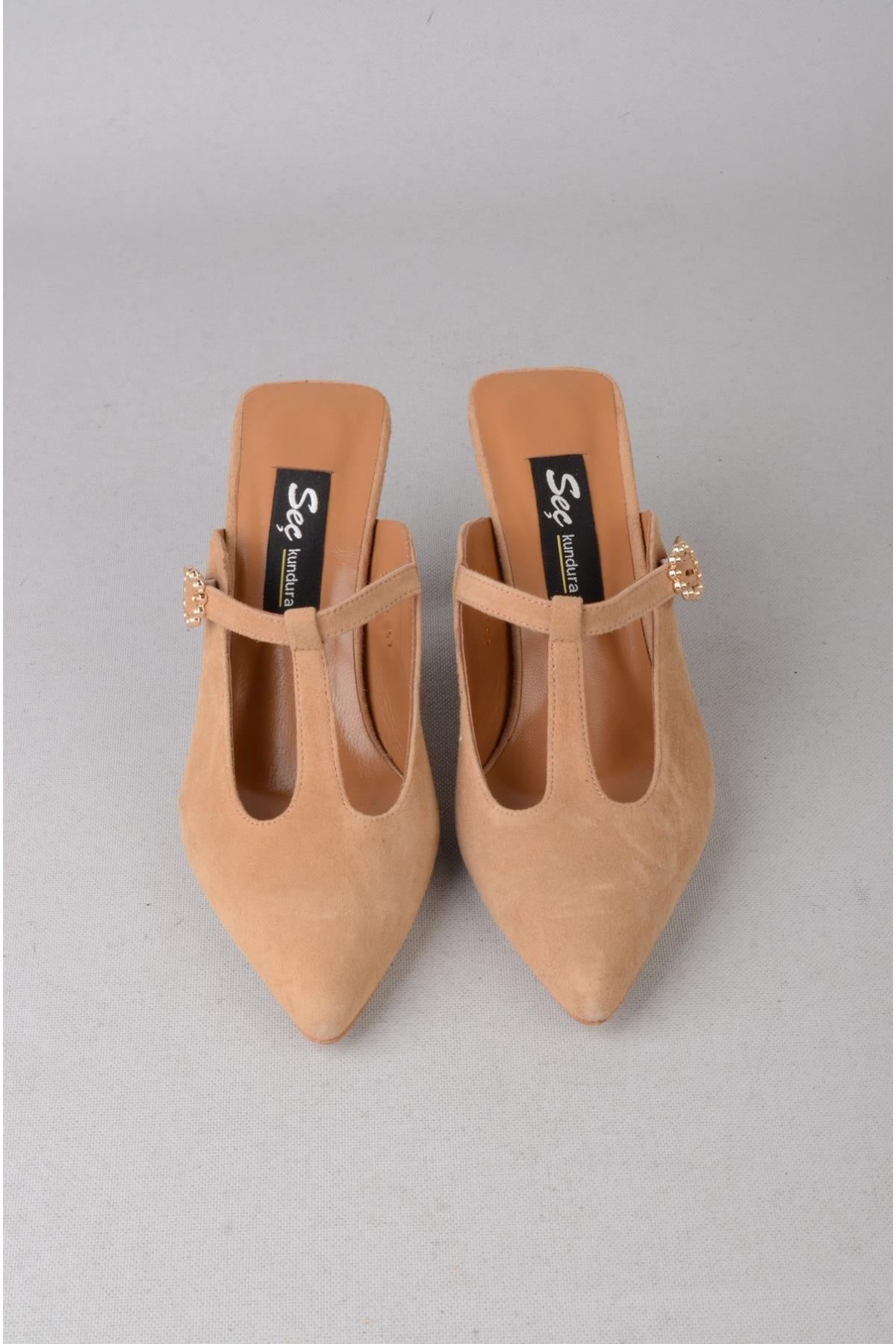 SEÇ 2622 HAKİKİ DERİ KADIN TOPUKLU TERLİK (Topuk Boyu:9 cm) SİGARO