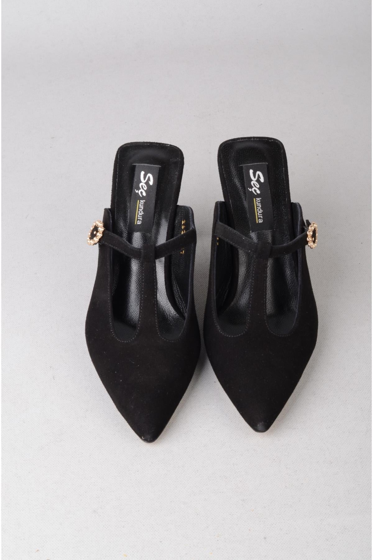 SEÇ 2622 HAKİKİ DERİ KADIN TOPUKLU TERLİK (Topuk Boyu:9 cm) SİYAH SÜET