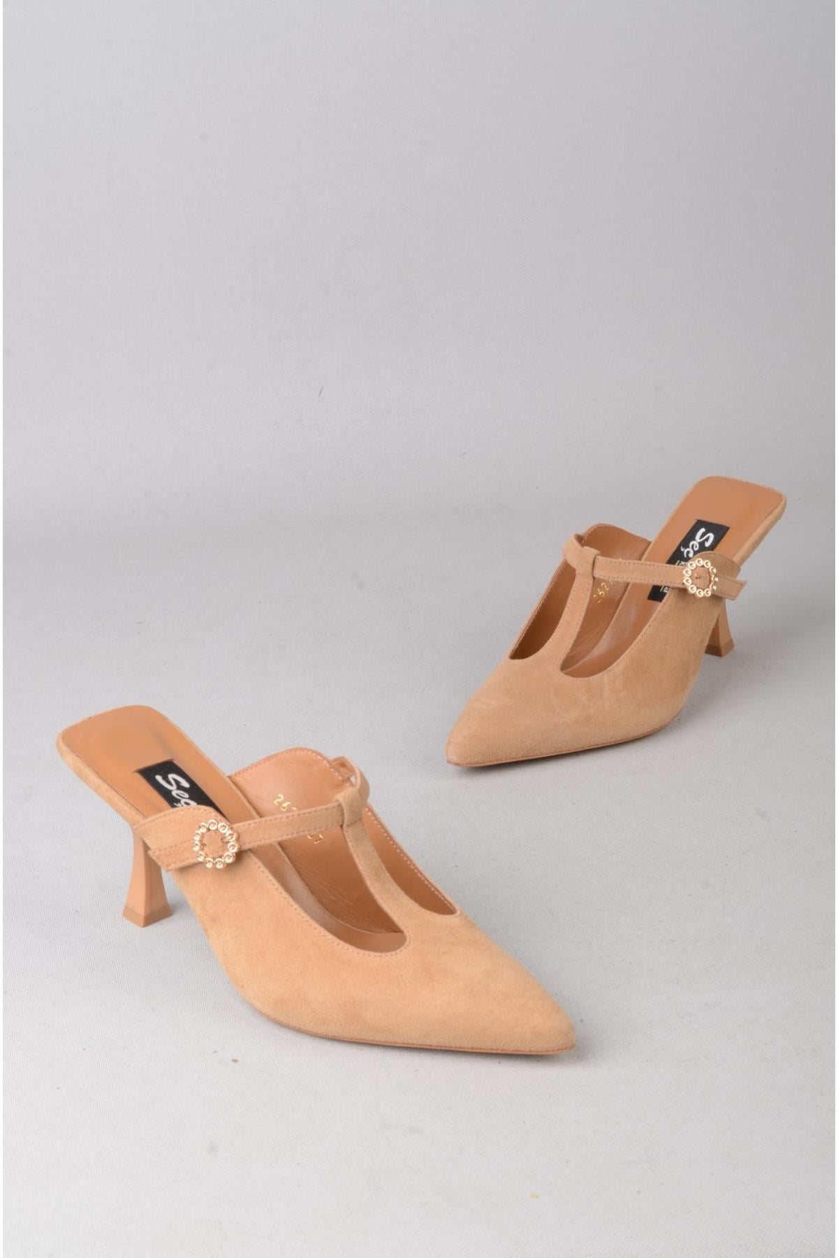SEÇ 2622 HAKİKİ DERİ KADIN TOPUKLU TERLİK (Topuk Boyu:9 cm) SİGARO