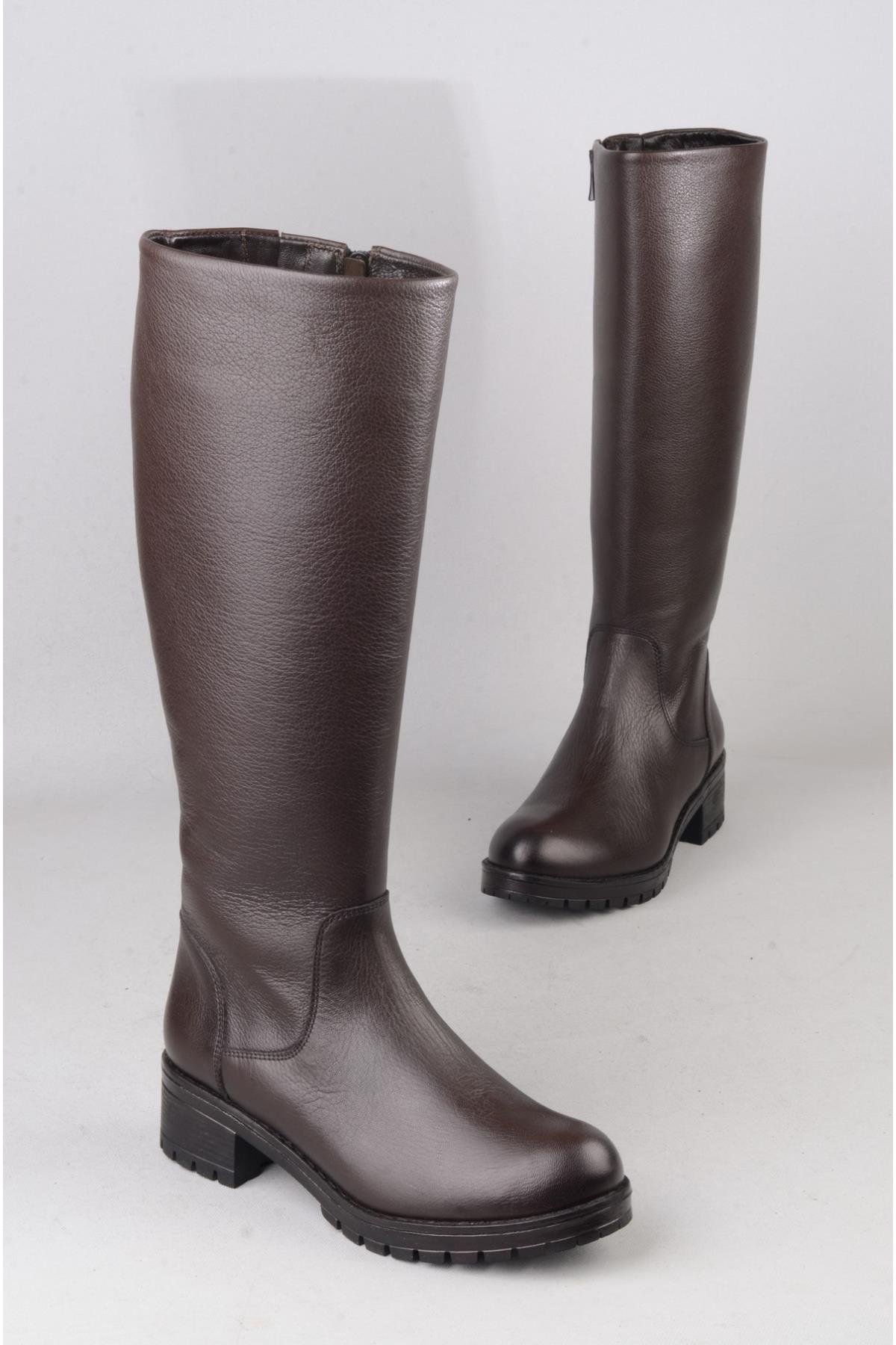 SEÇ 26900-1 HAKİKİ DERİ TOPUKLU KADIN ÇİZME (Topuk Boyu: 4 cm) KAHVE