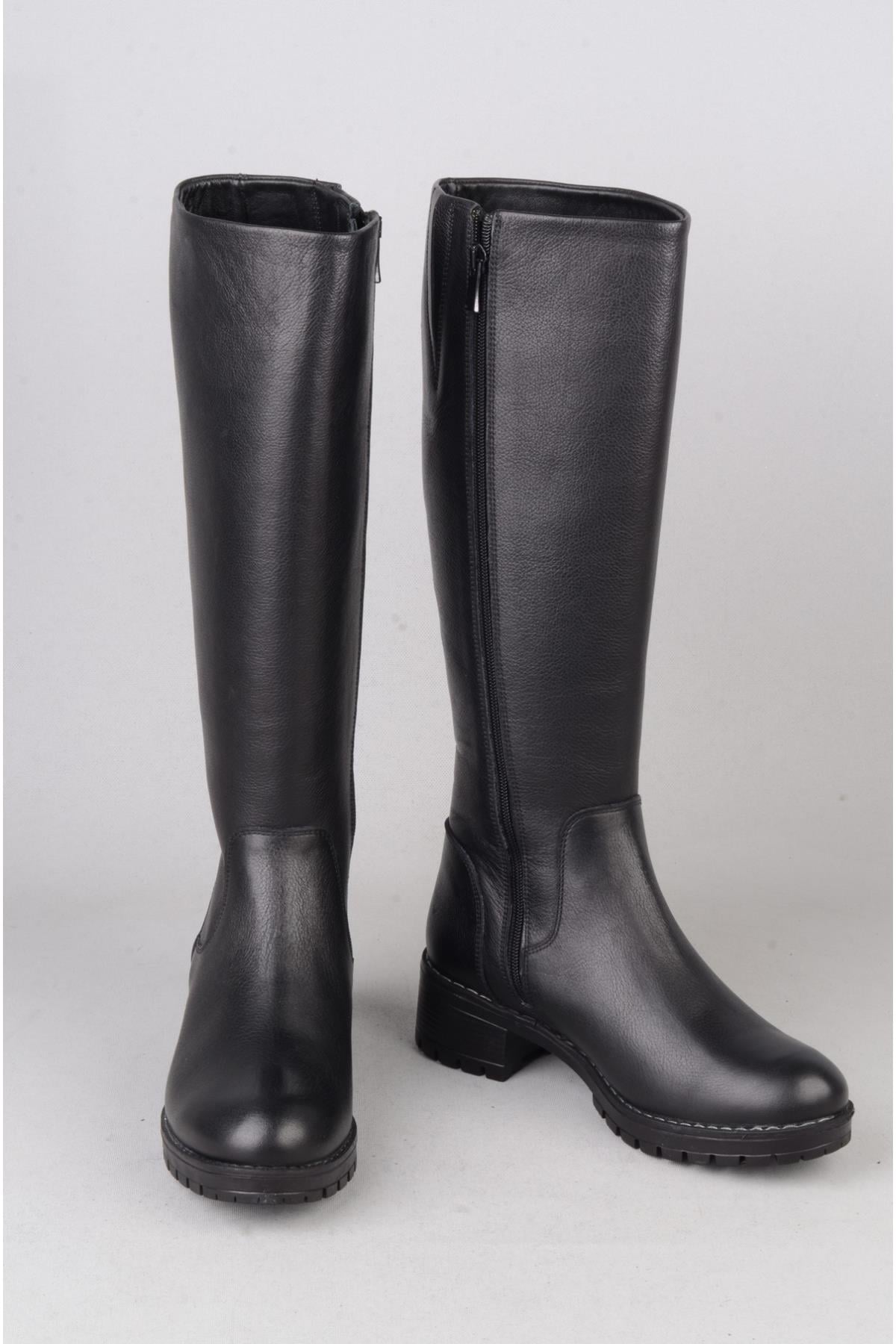 SEÇ 26900-1 HAKİKİ DERİ TOPUKLU KADIN ÇİZME (Topuk Boyu: 4 cm) SİYAH