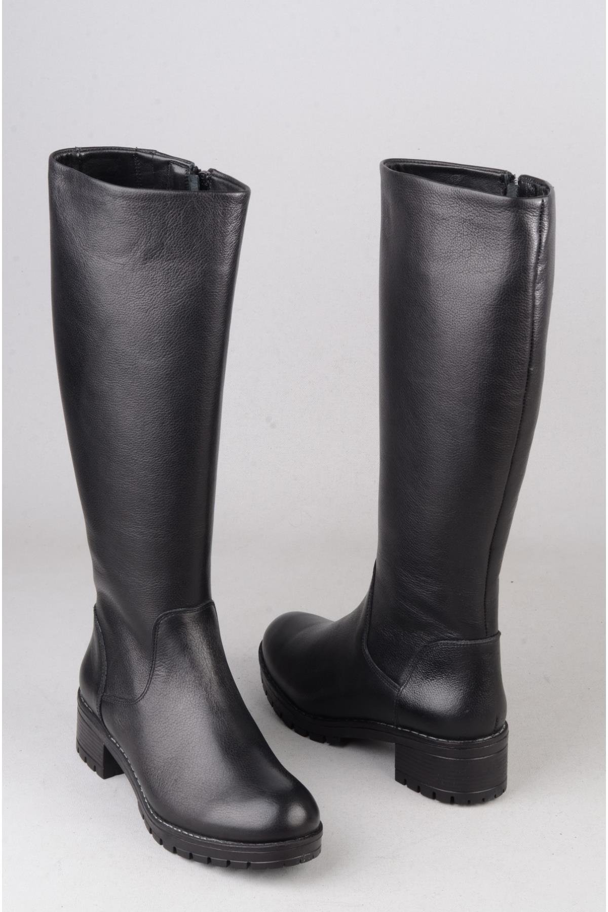 SEÇ 26900-1 HAKİKİ DERİ TOPUKLU KADIN ÇİZME (Topuk Boyu: 4 cm) SİYAH
