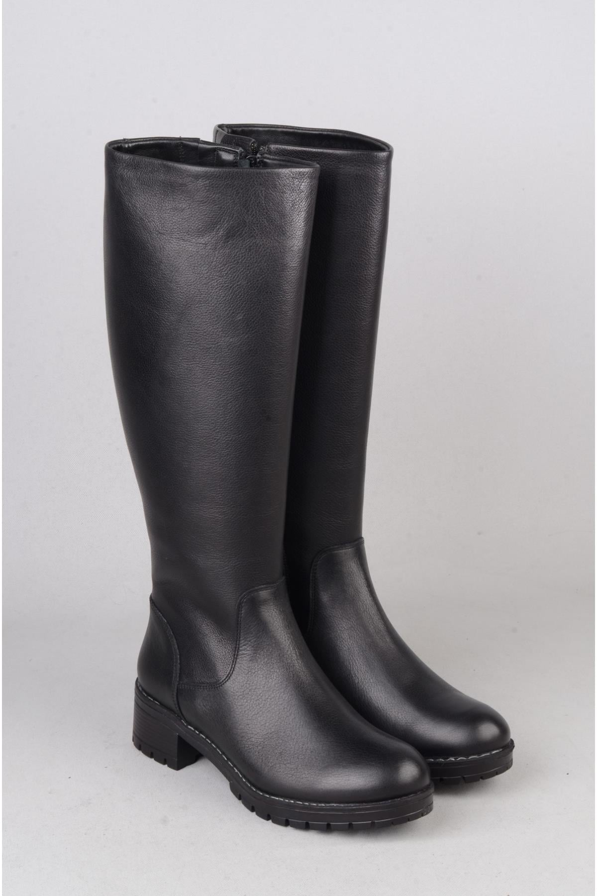 SEÇ 26900-1 HAKİKİ DERİ TOPUKLU KADIN ÇİZME (Topuk Boyu: 4 cm) SİYAH